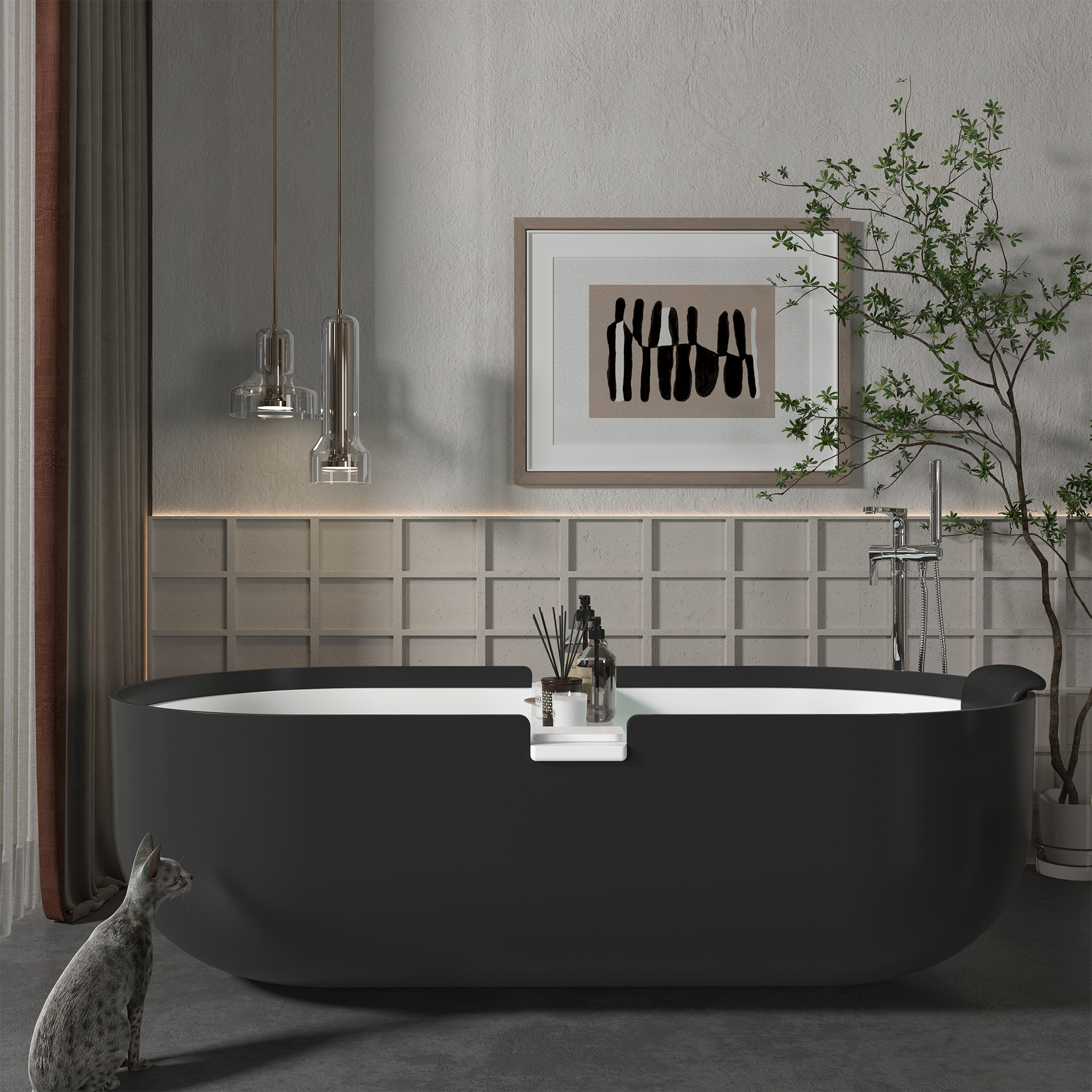 CASAINC 67/71" Black Outside and White Inside Artificial Stone Adult Freestanding Soaking Tub with Cushions and Shelves
