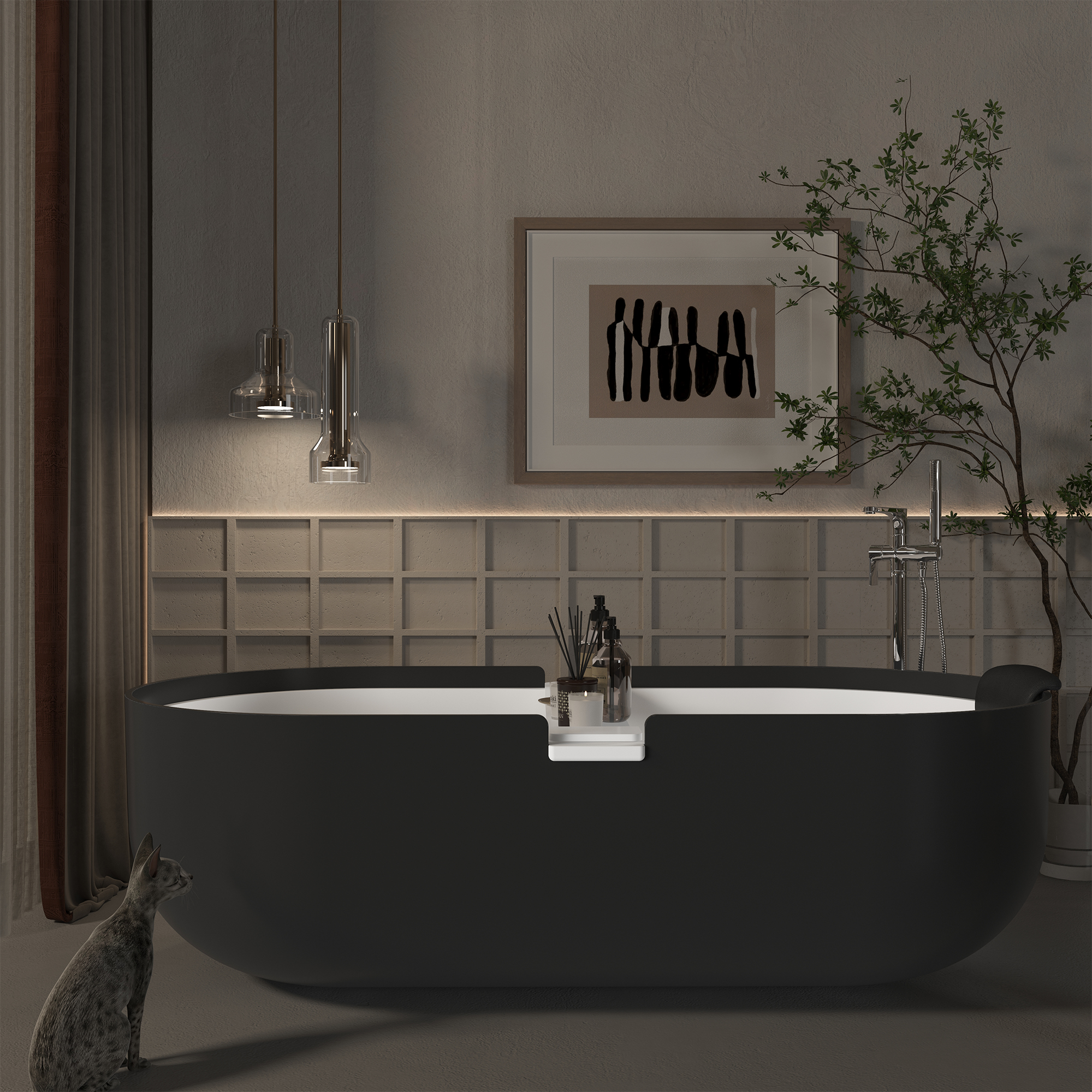 CASAINC 67/71" Black Outside and White Inside Artificial Stone Adult Freestanding Soaking Tub with Cushions and Shelves