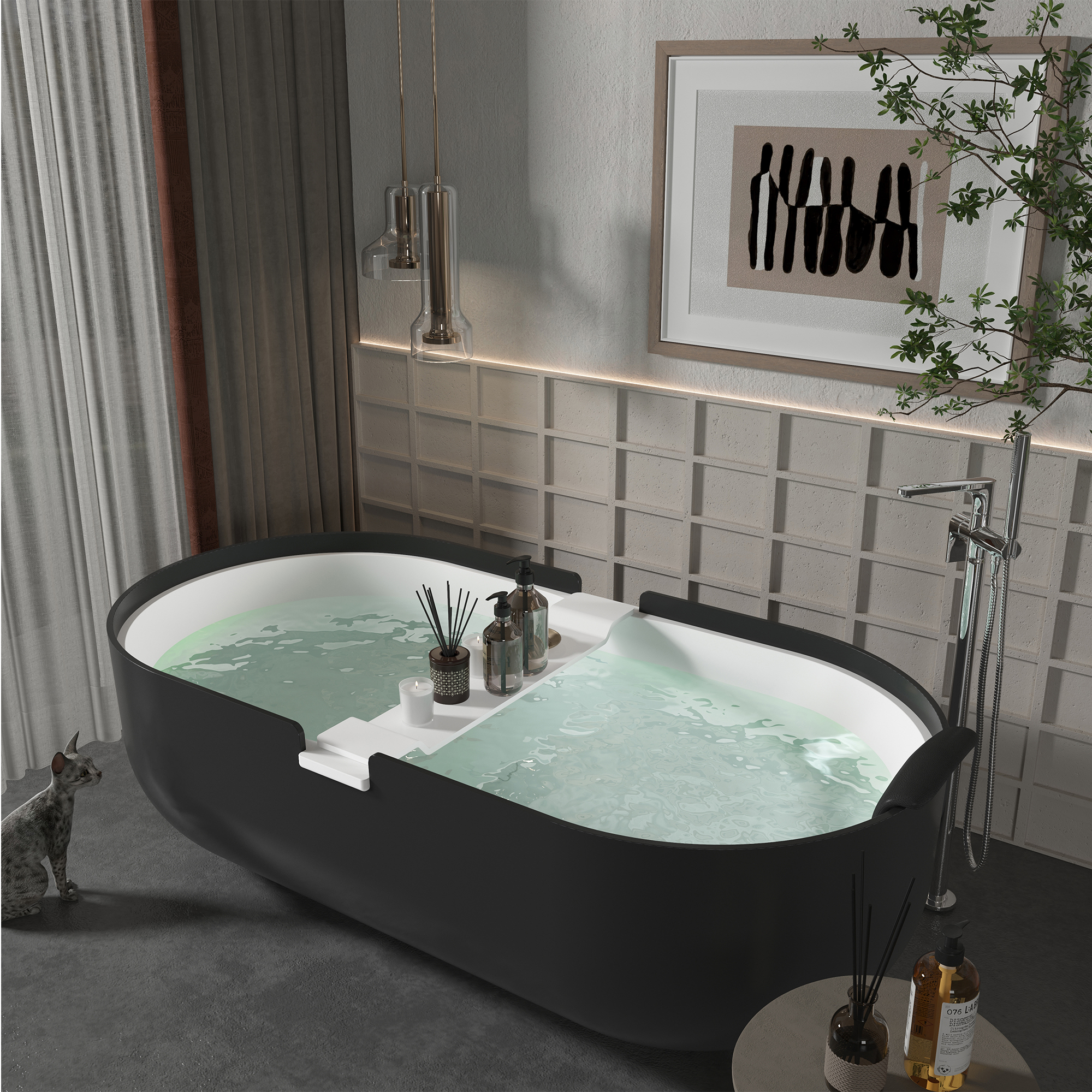 CASAINC 67/71" Black Outside and White Inside Artificial Stone Adult Freestanding Soaking Tub with Cushions and Shelves