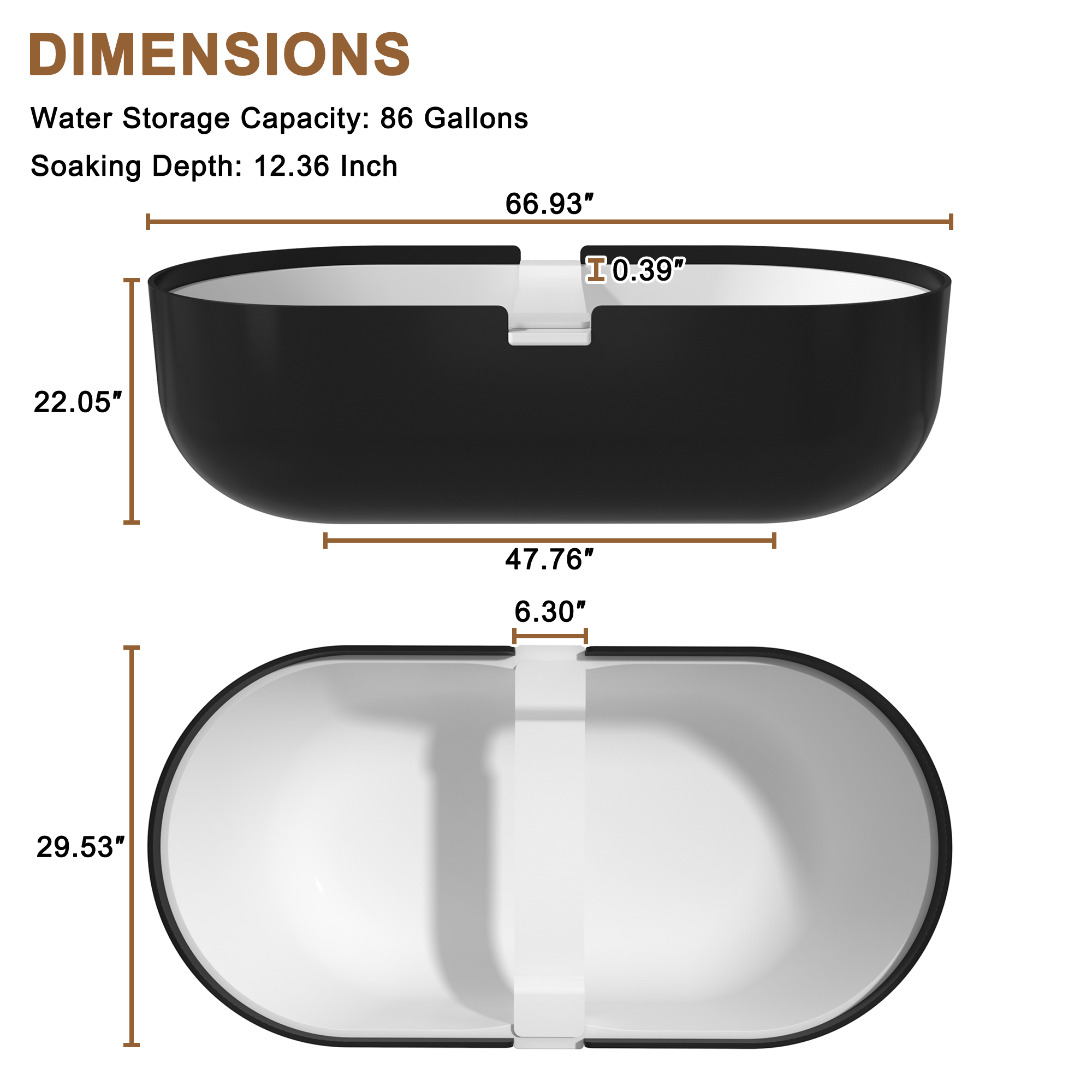 CASAINC 67/71" Black Outside and White Inside Artificial Stone Adult Freestanding Soaking Tub with Cushions and Shelves