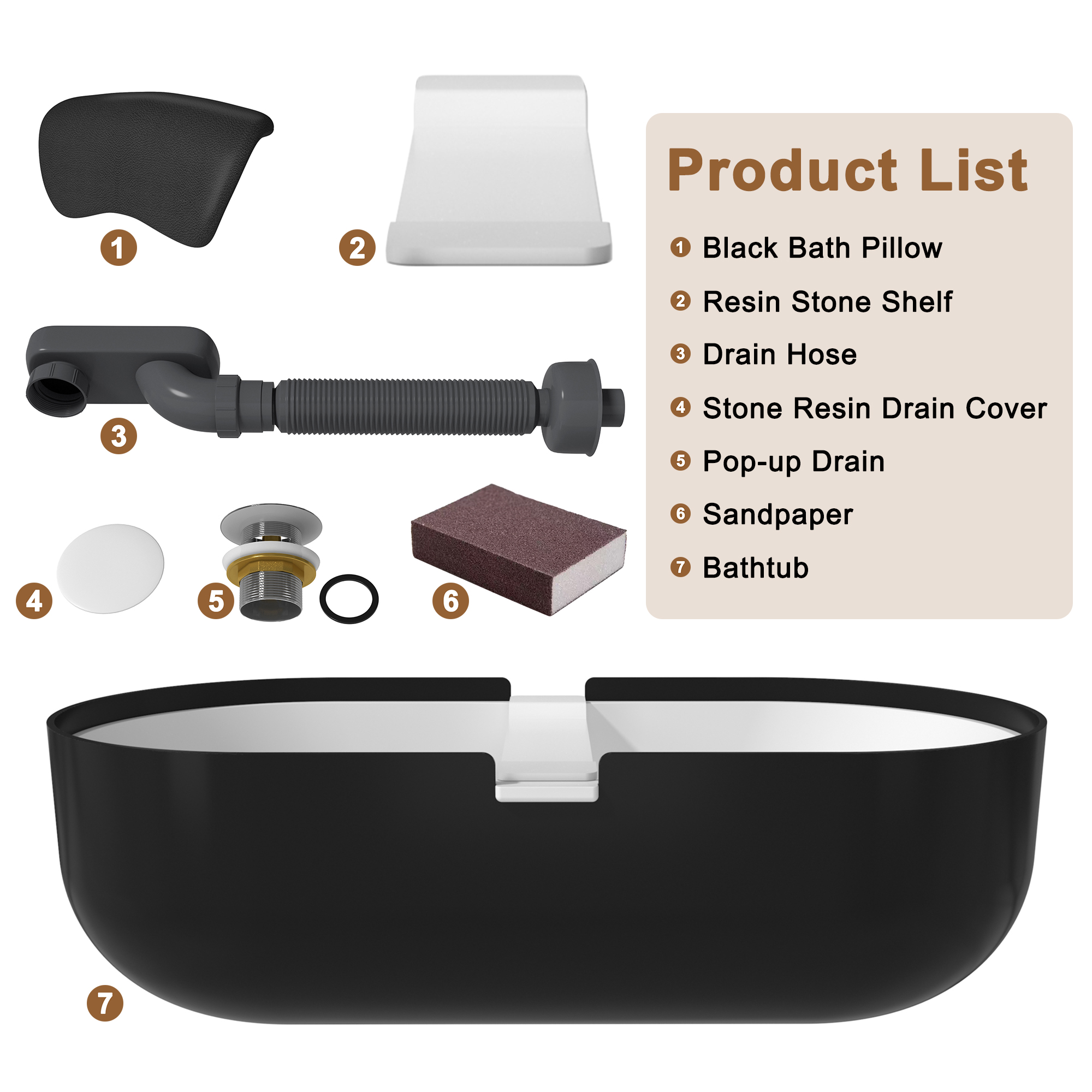 CASAINC 67/71" Black Outside and White Inside Artificial Stone Adult Freestanding Soaking Tub with Cushions and Shelves