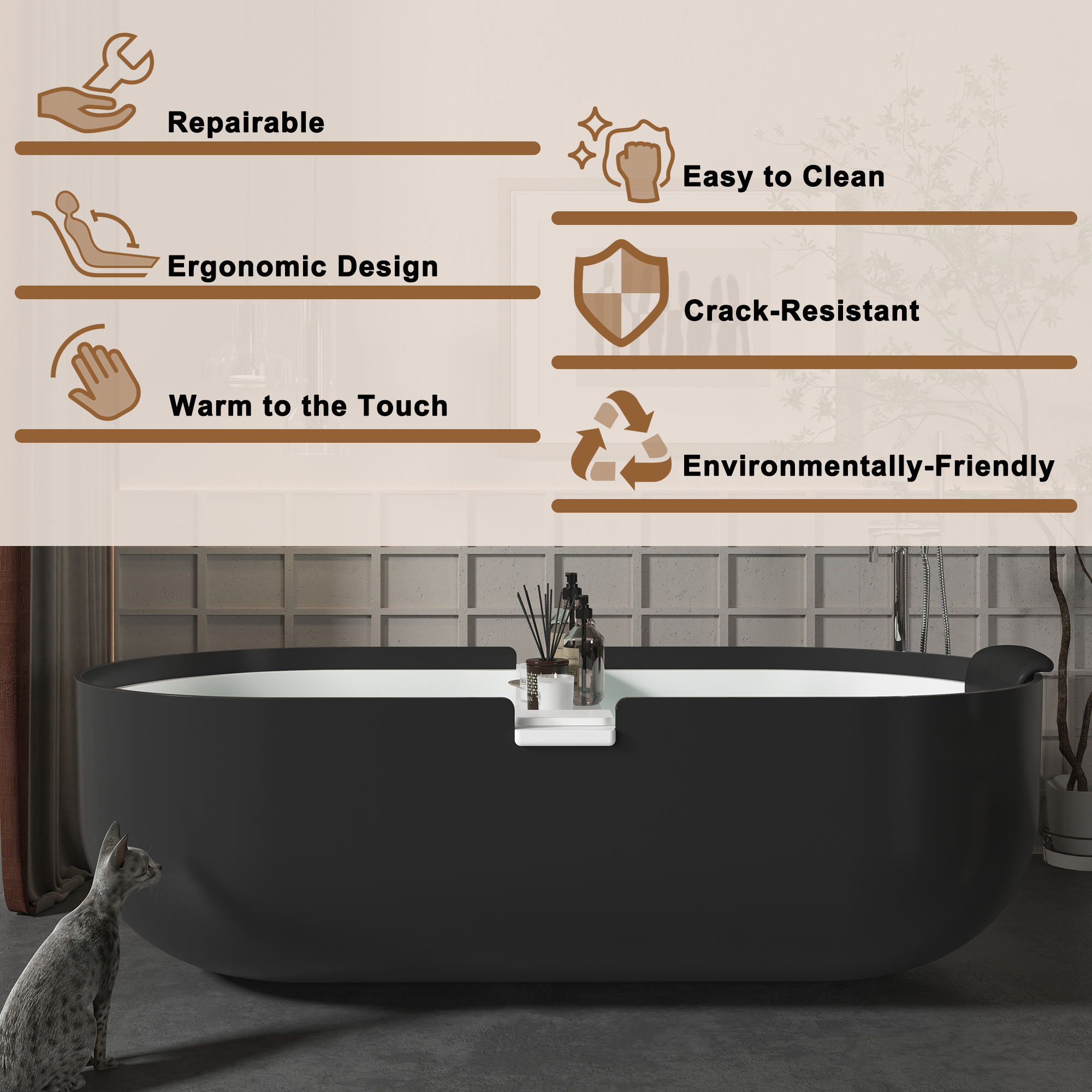 CASAINC 67/71" Black Outside and White Inside Artificial Stone Adult Freestanding Soaking Tub with Cushions and Shelves