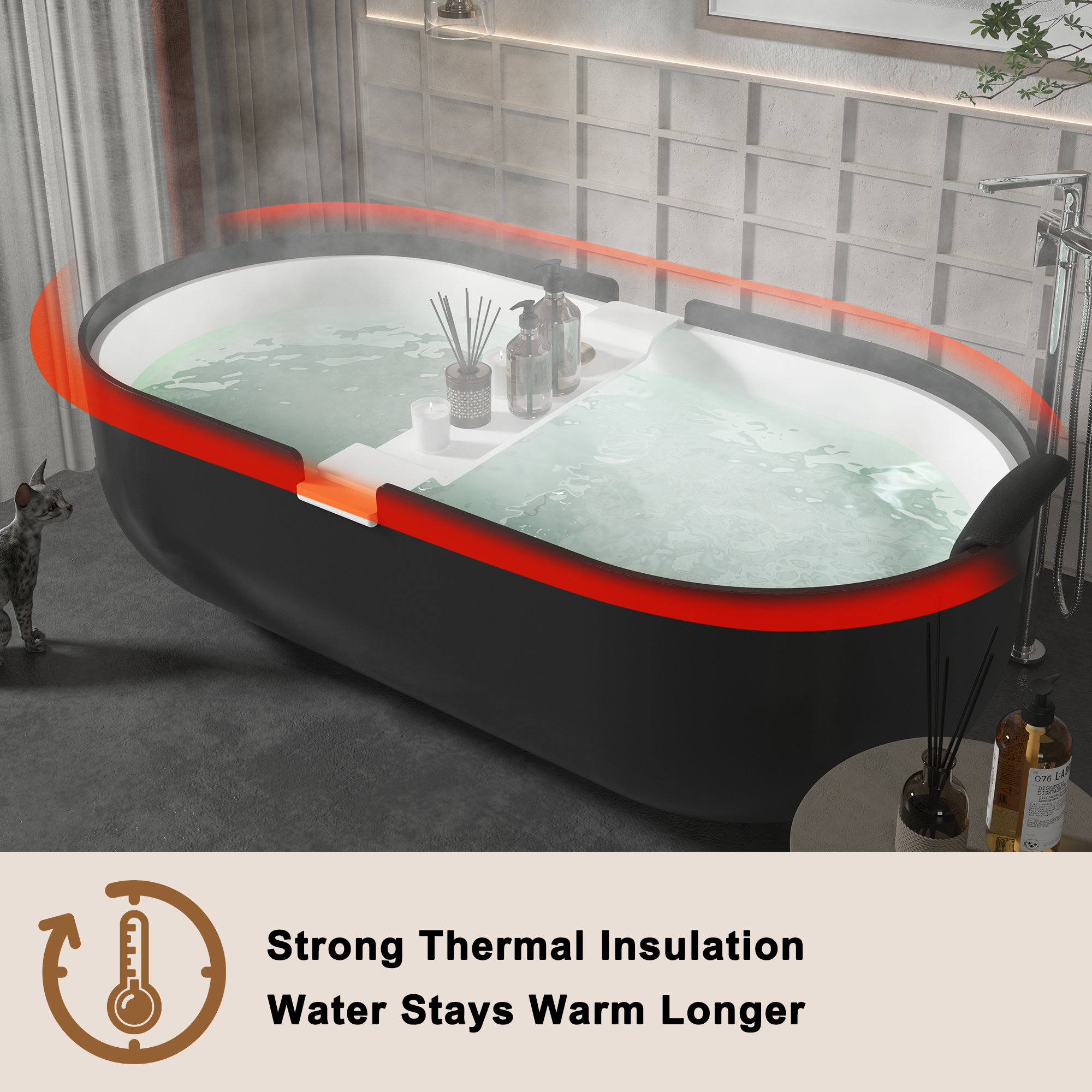 CASAINC 67/71" Black Outside and White Inside Artificial Stone Adult Freestanding Soaking Tub with Cushions and Shelves