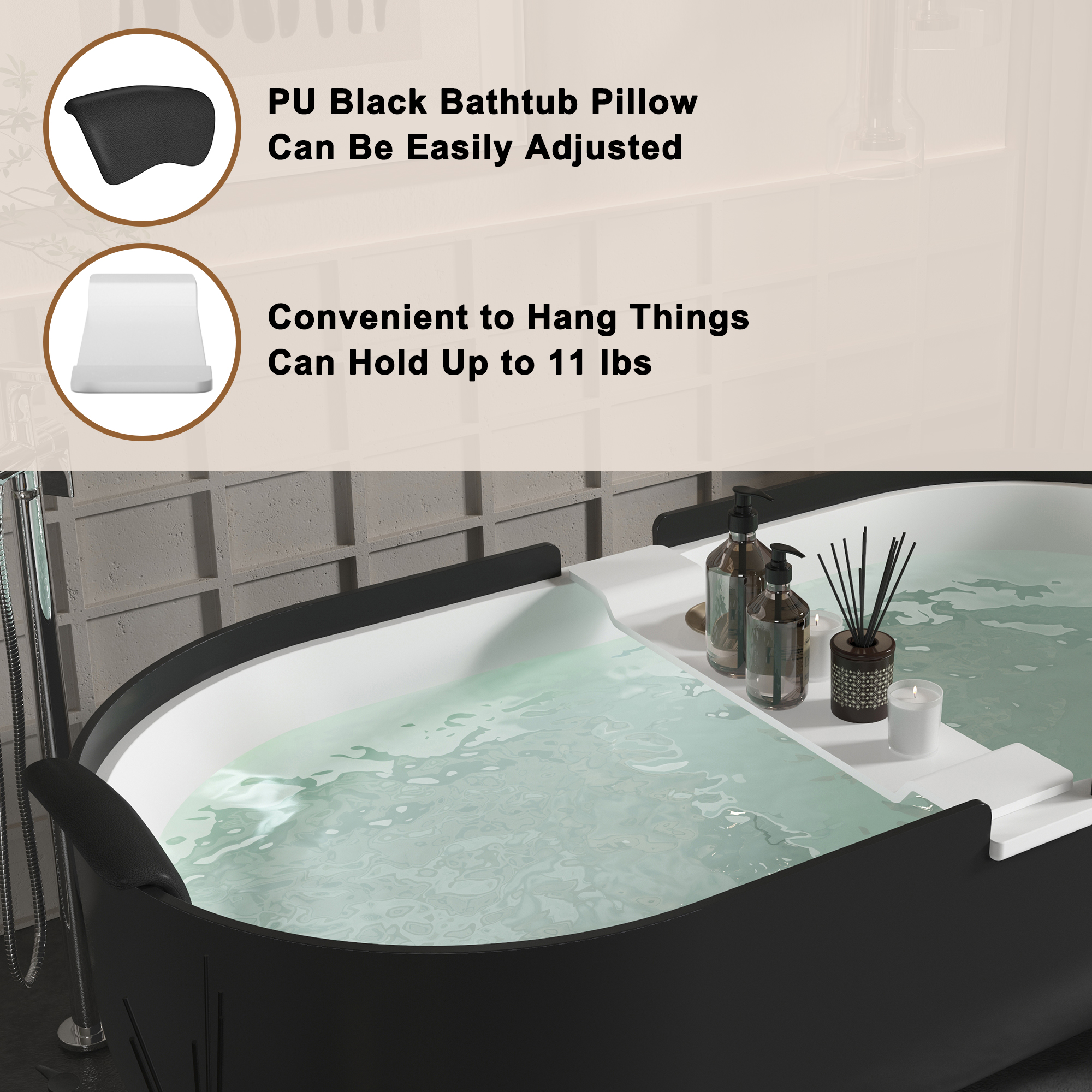 CASAINC 67/71" Black Outside and White Inside Artificial Stone Adult Freestanding Soaking Tub with Cushions and Shelves