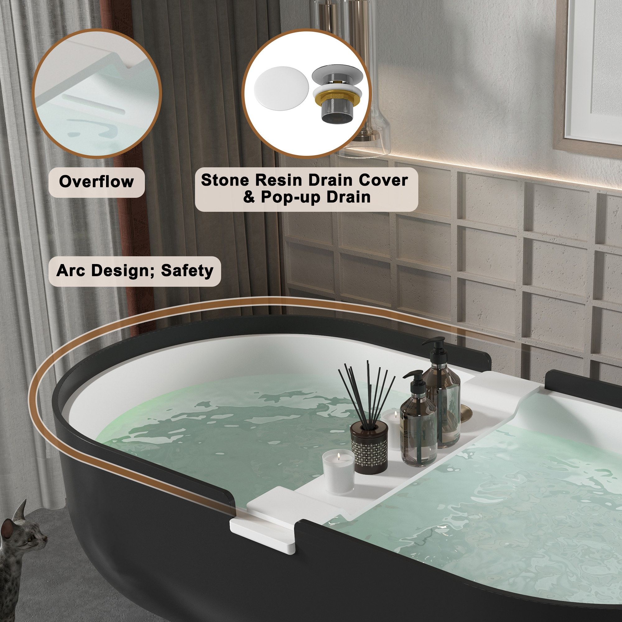 CASAINC 67/71" Black Outside and White Inside Artificial Stone Adult Freestanding Soaking Tub with Cushions and Shelves