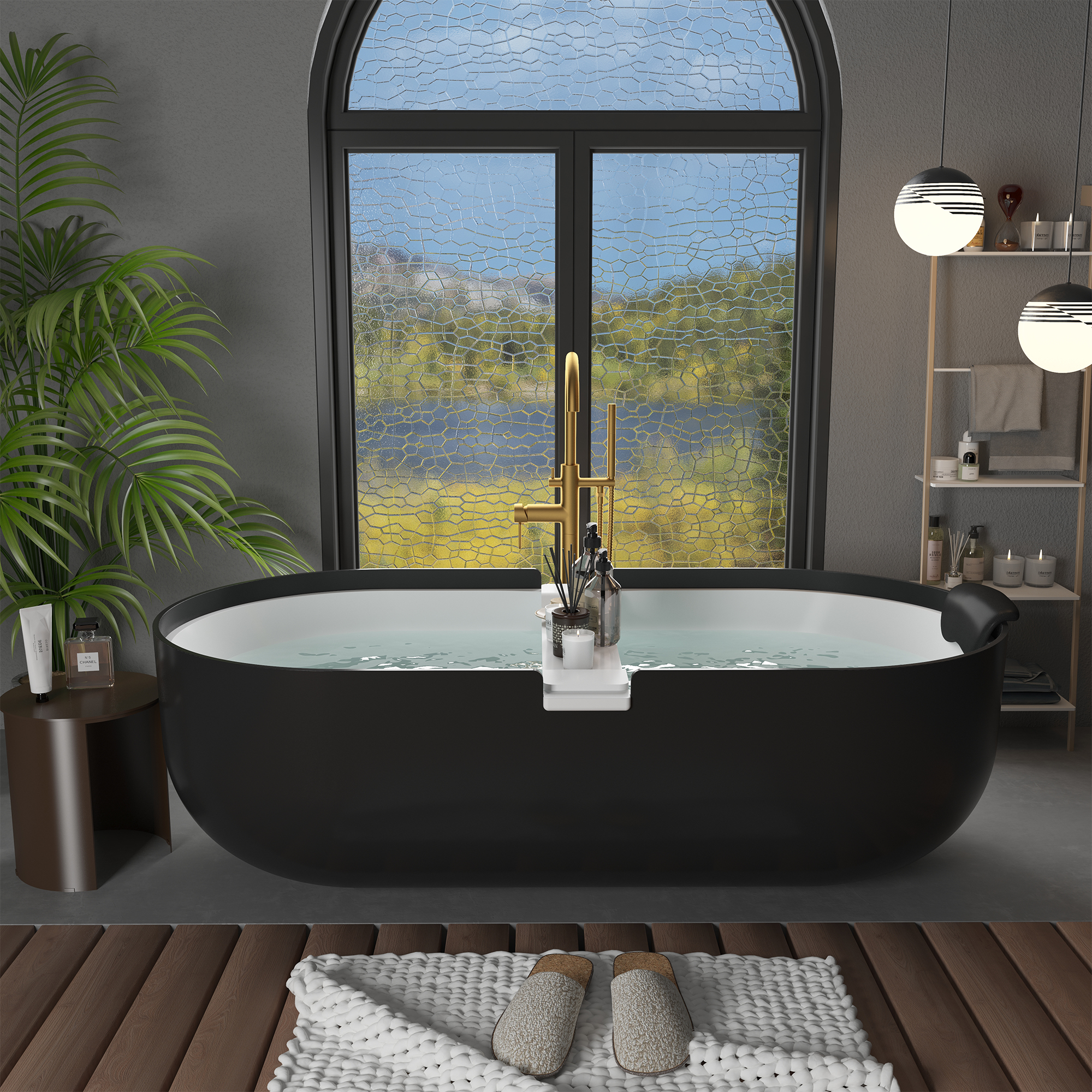 CASAINC 67/71" Black Outside and White Inside Artificial Stone Adult Freestanding Soaking Tub with Cushions and Shelves