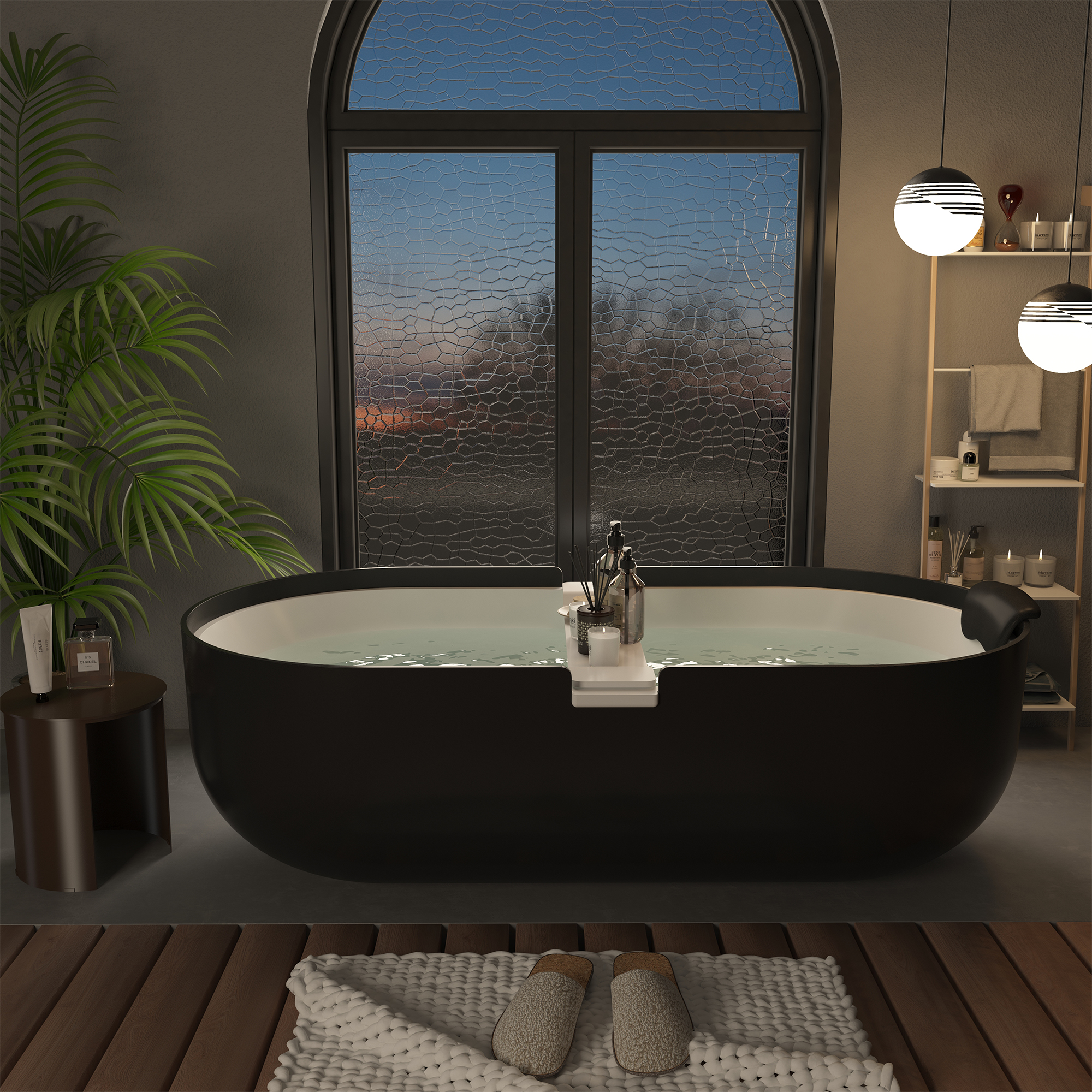 CASAINC 67/71" Black Outside and White Inside Artificial Stone Adult Freestanding Soaking Tub with Cushions and Shelves