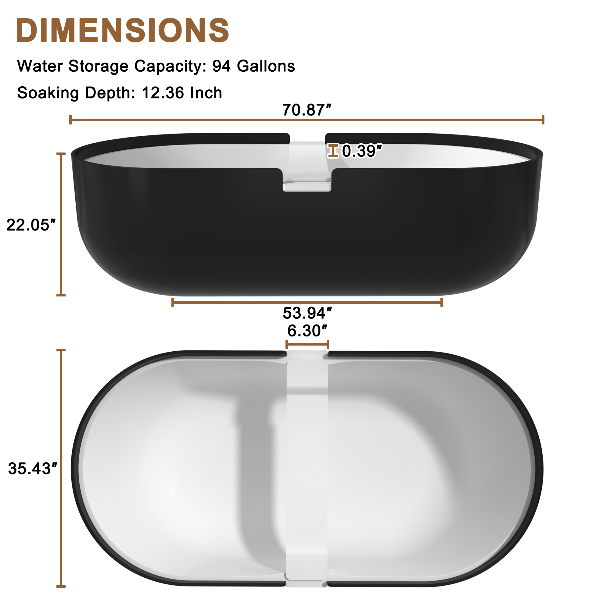 CASAINC 67/71" Black Outside and White Inside Artificial Stone Adult Freestanding Soaking Tub with Cushions and Shelves