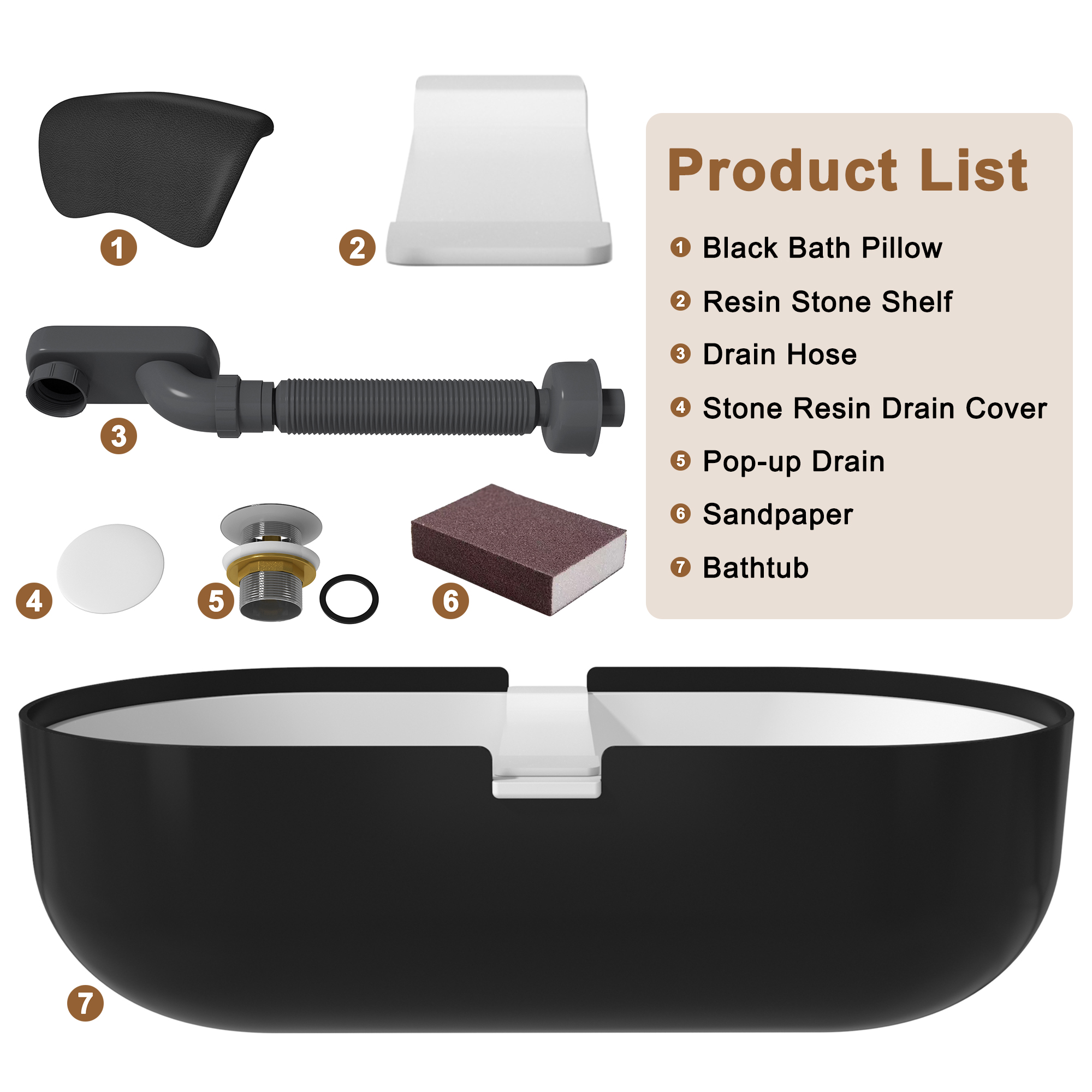 CASAINC 67/71" Black Outside and White Inside Artificial Stone Adult Freestanding Soaking Tub with Cushions and Shelves