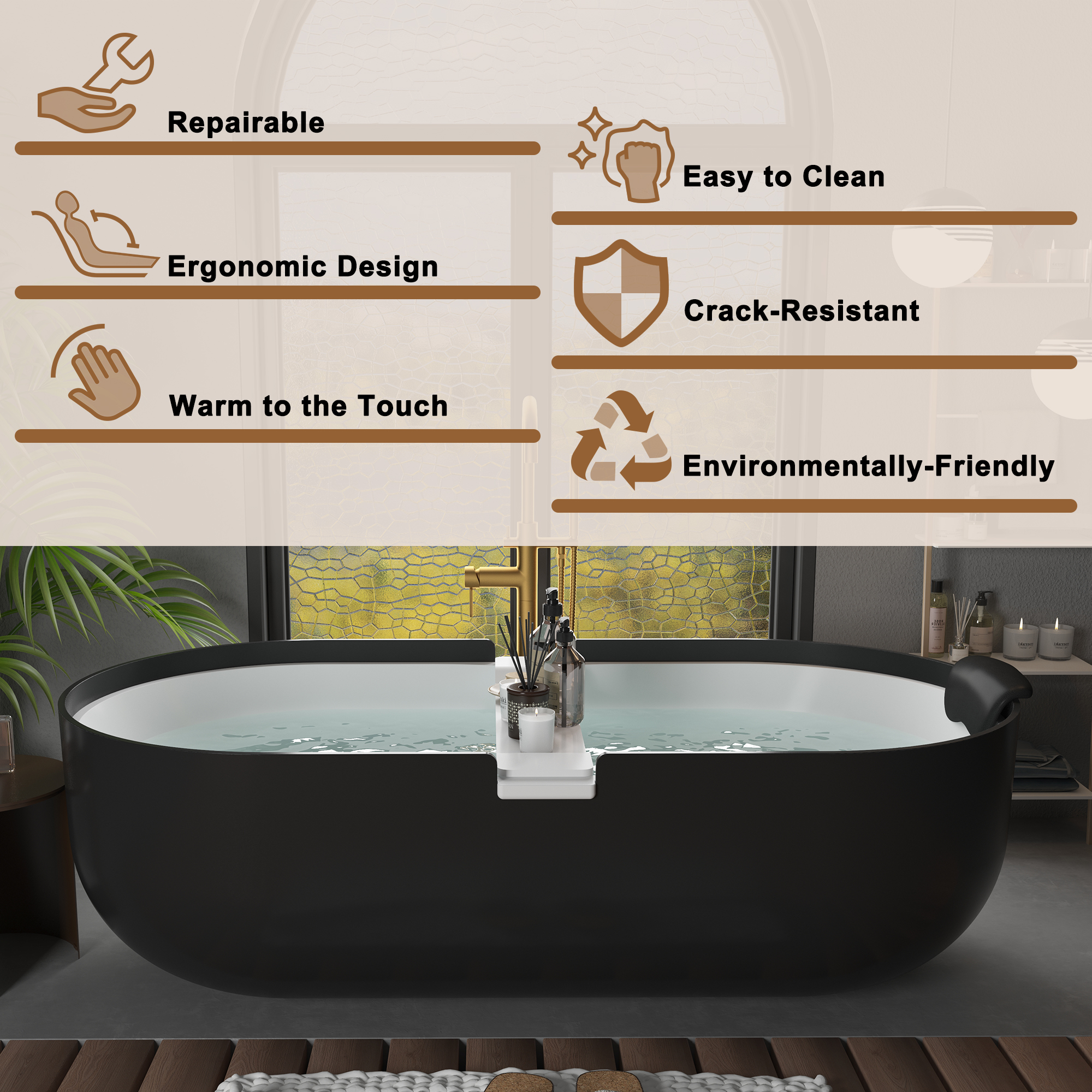 CASAINC 67/71" Black Outside and White Inside Artificial Stone Adult Freestanding Soaking Tub with Cushions and Shelves