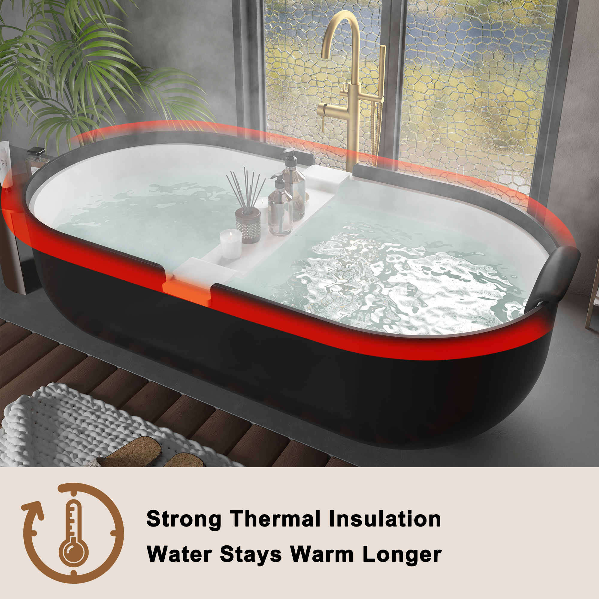 CASAINC 67/71" Black Outside and White Inside Artificial Stone Adult Freestanding Soaking Tub with Cushions and Shelves