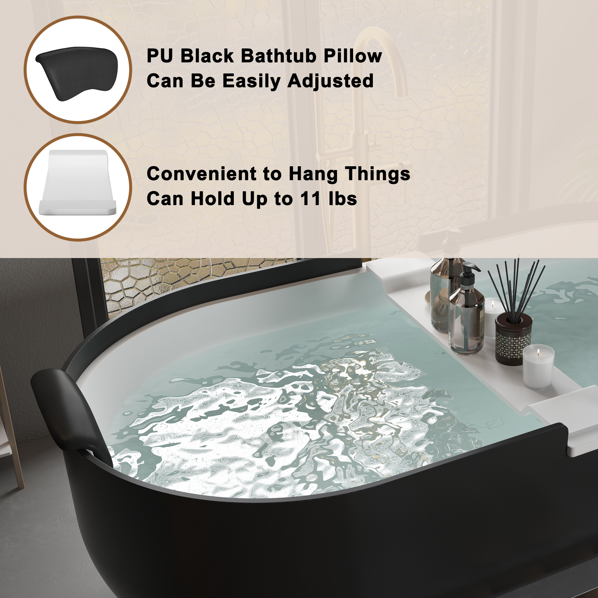 CASAINC 67/71" Black Outside and White Inside Artificial Stone Adult Freestanding Soaking Tub with Cushions and Shelves