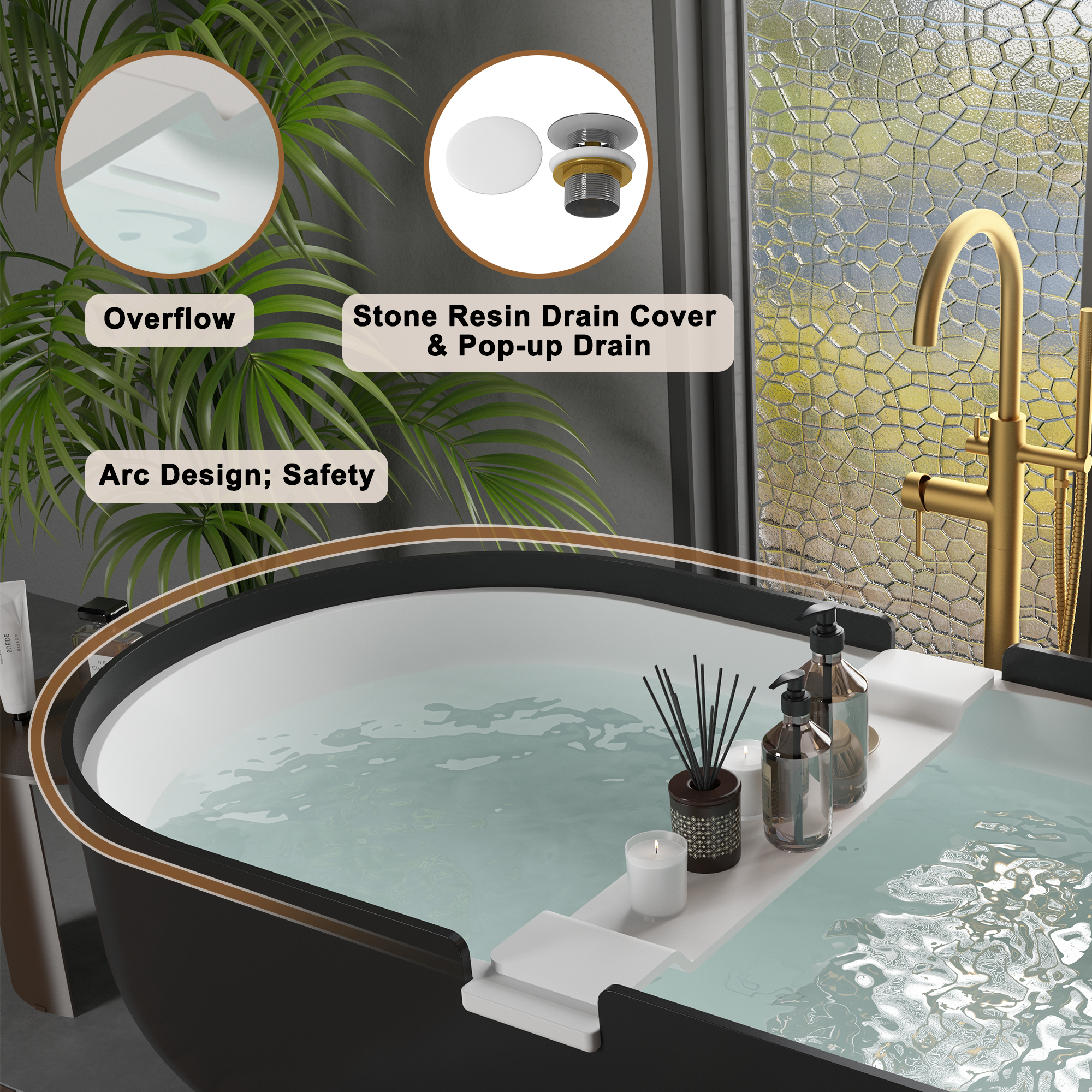 CASAINC 67/71" Black Outside and White Inside Artificial Stone Adult Freestanding Soaking Tub with Cushions and Shelves