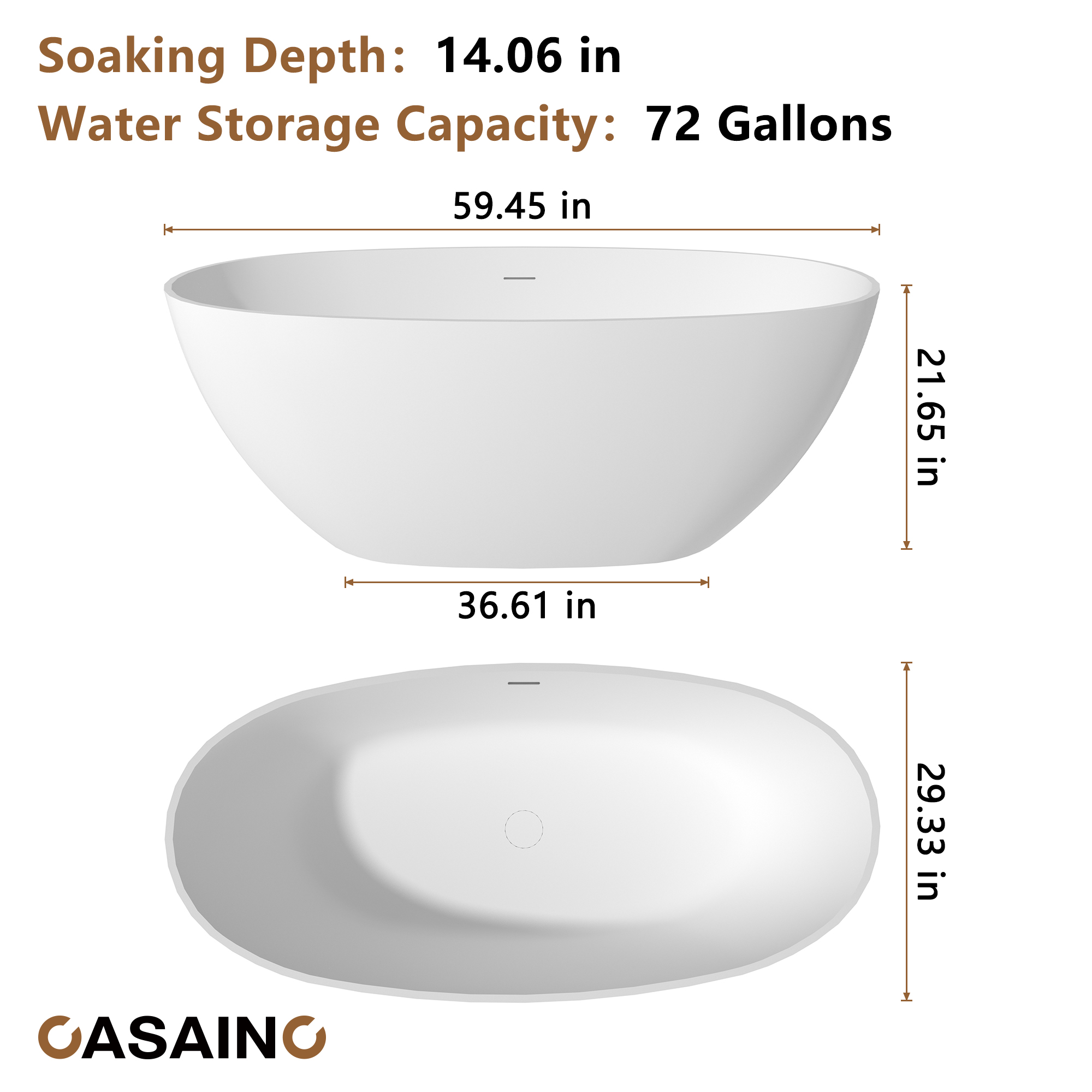 59"/63"/67" Freestanding Oval Solid Surface Stone Bathtub with Center Drain and cUPc Certification, Matte White (With/without Tub Faucet)
