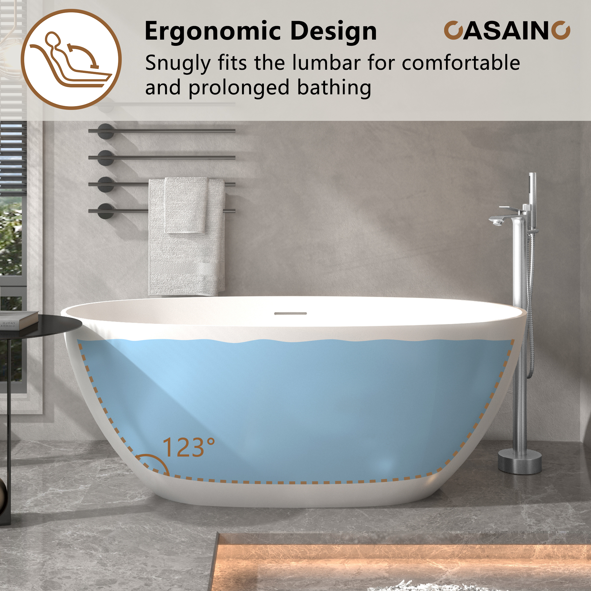 59"/63"/67" Freestanding Oval Solid Surface Stone Bathtub with Center Drain and cUPc Certification, Matte White (With/without Tub Faucet)