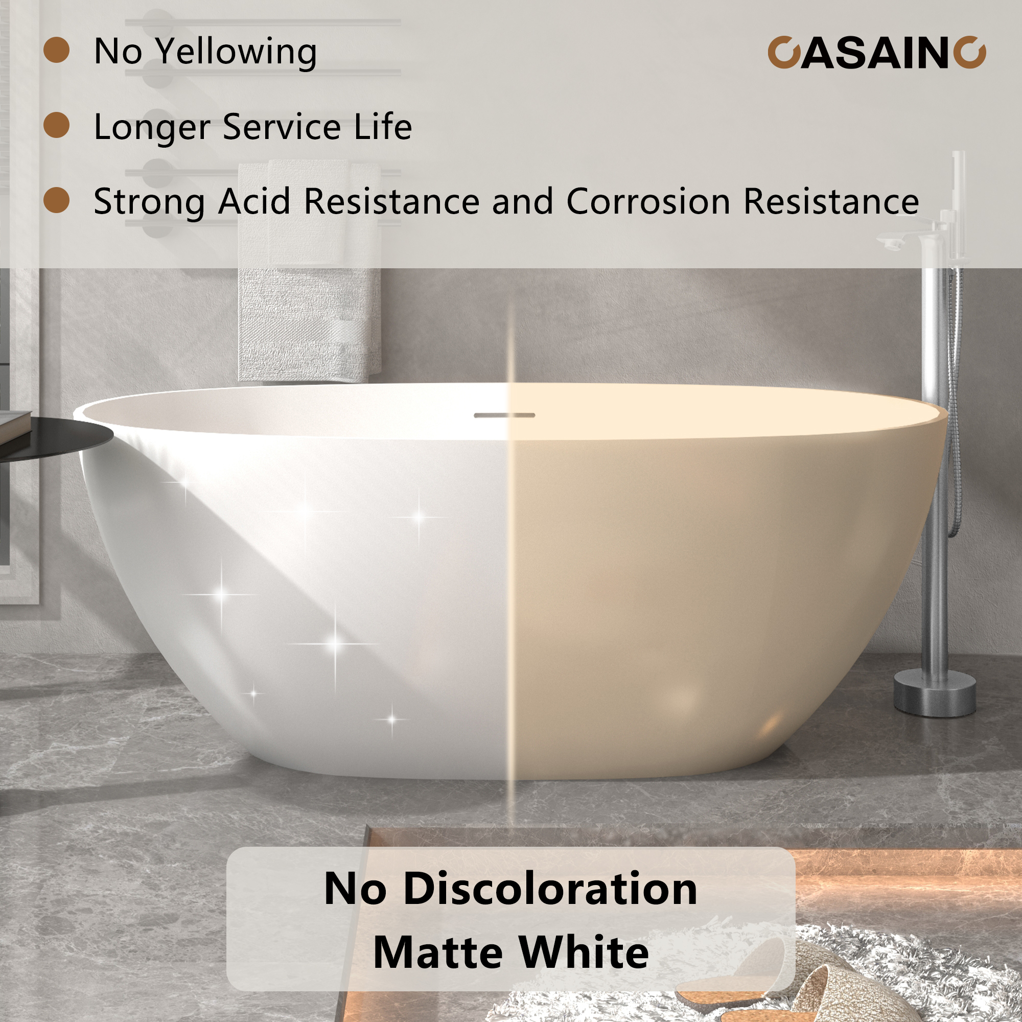 59"/63"/67" Freestanding Oval Solid Surface Stone Bathtub with Center Drain and cUPc Certification, Matte White (With/without Tub Faucet)