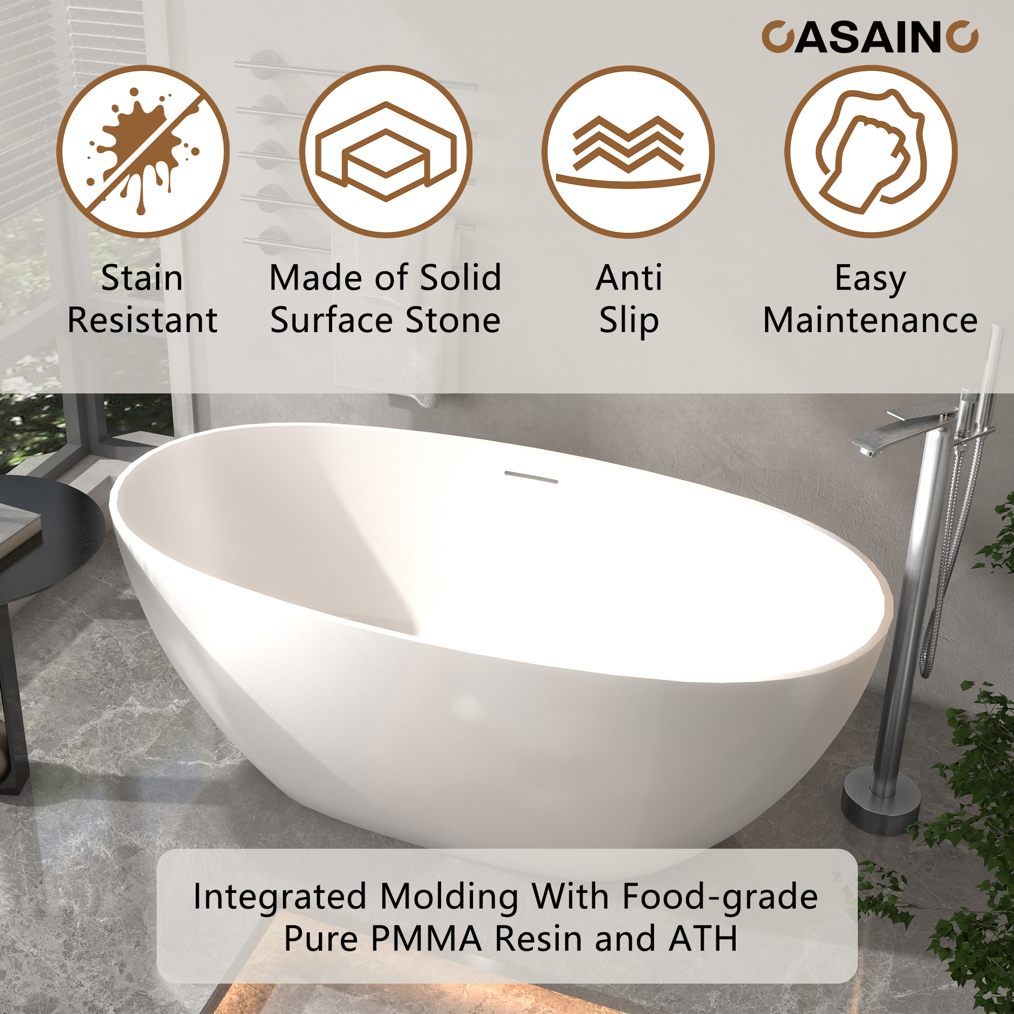 59"/63"/67" Freestanding Oval Solid Surface Stone Bathtub with Center Drain and cUPc Certification, Matte White (With/without Tub Faucet)