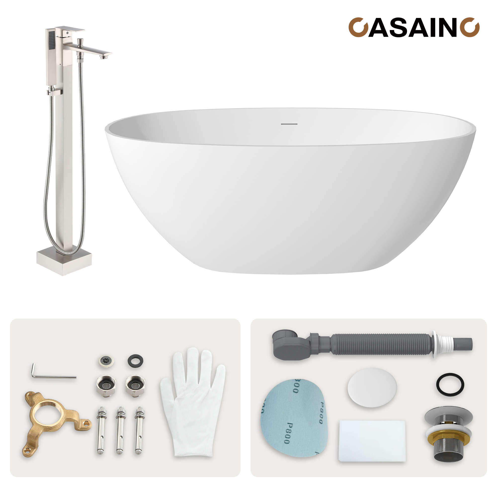 59"/63"/67" Freestanding Oval Solid Surface Stone Bathtub with Center Drain and cUPc Certification, Matte White (With/without Tub Faucet)