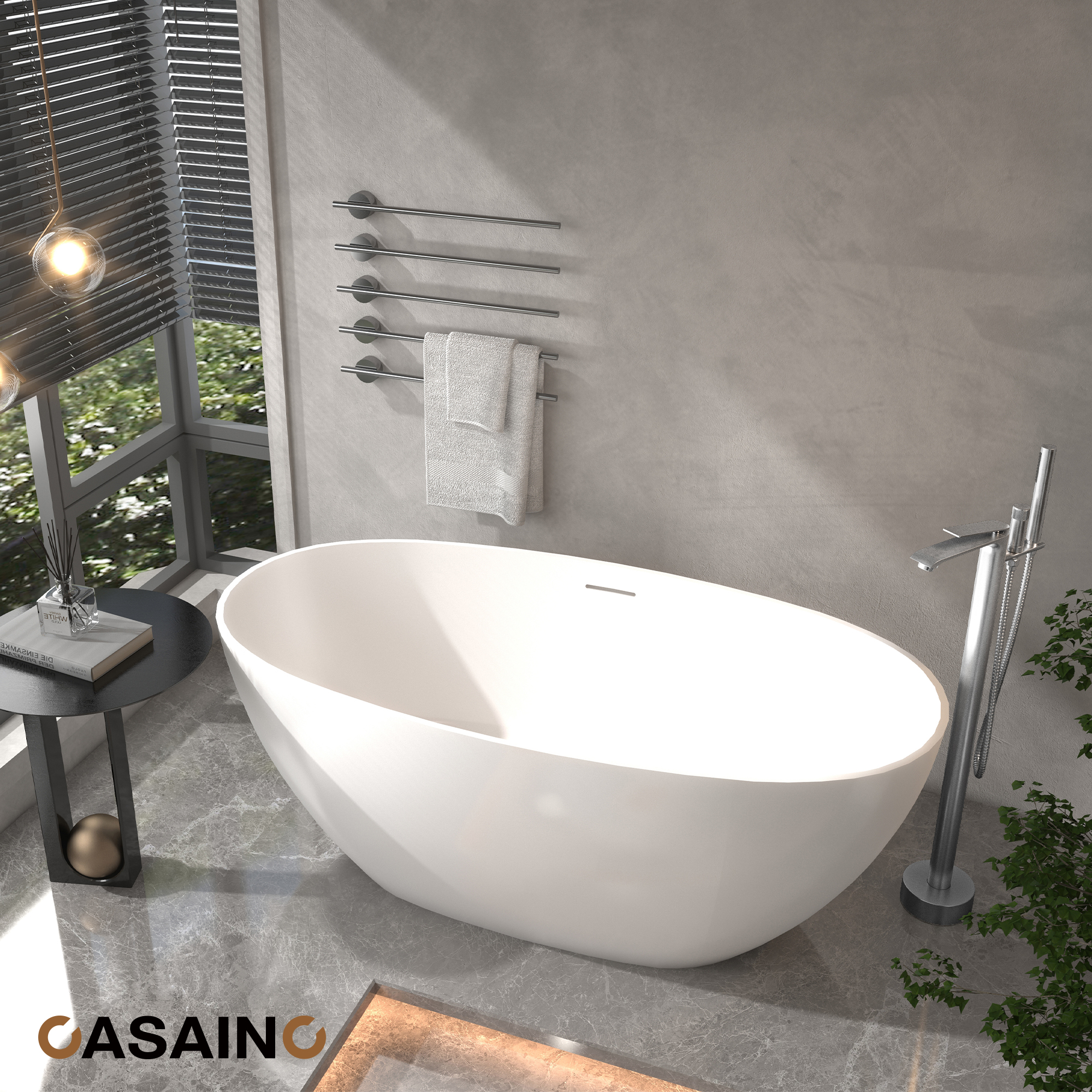 59"/63"/67" Freestanding Oval Solid Surface Stone Bathtub with Center Drain and cUPc Certification, Matte White (With/without Tub Faucet)