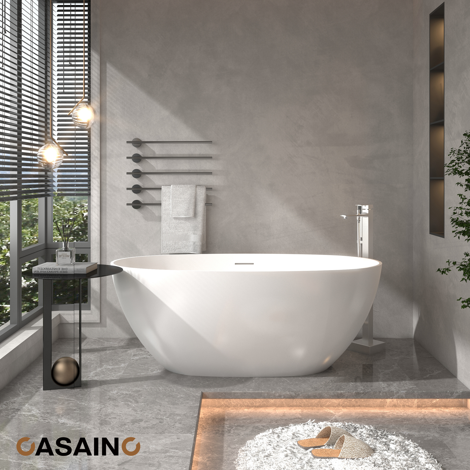 59"/63"/67" Freestanding Oval Solid Surface Stone Bathtub with Center Drain and cUPc Certification, Matte White (With/without Tub Faucet)