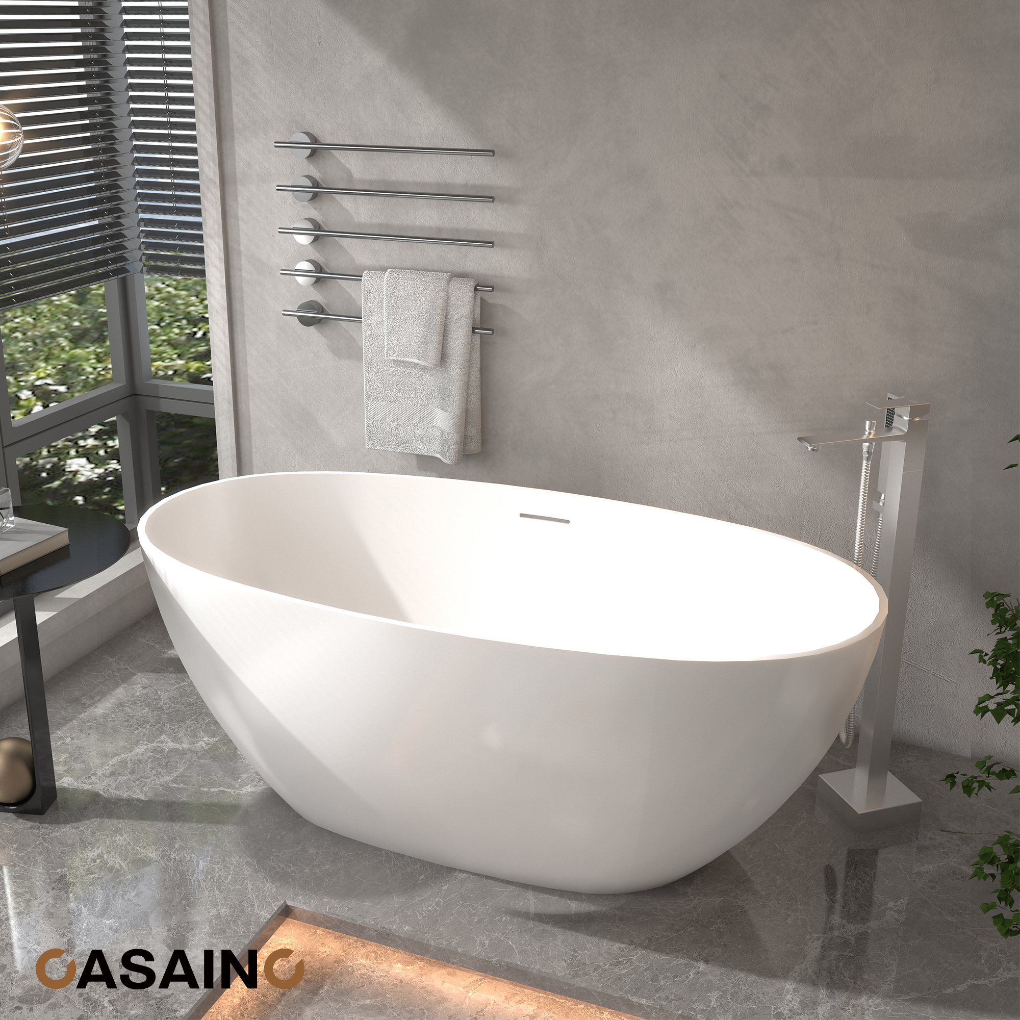 59"/63"/67" Freestanding Oval Solid Surface Stone Bathtub with Center Drain and cUPc Certification, Matte White (With/without Tub Faucet)