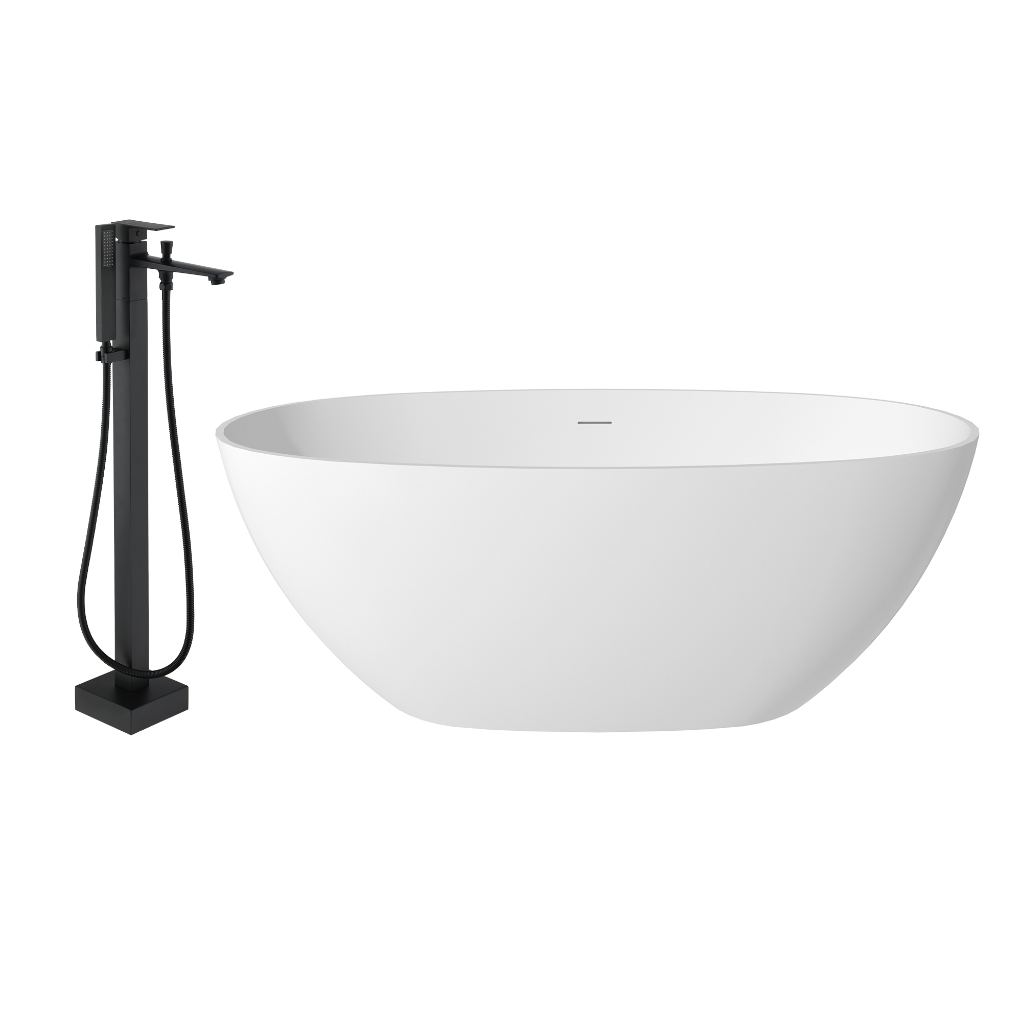 59"/63"/67" Freestanding Oval Solid Surface Stone Bathtub with Center Drain and cUPc Certification, Matte White (With/without Tub Faucet)