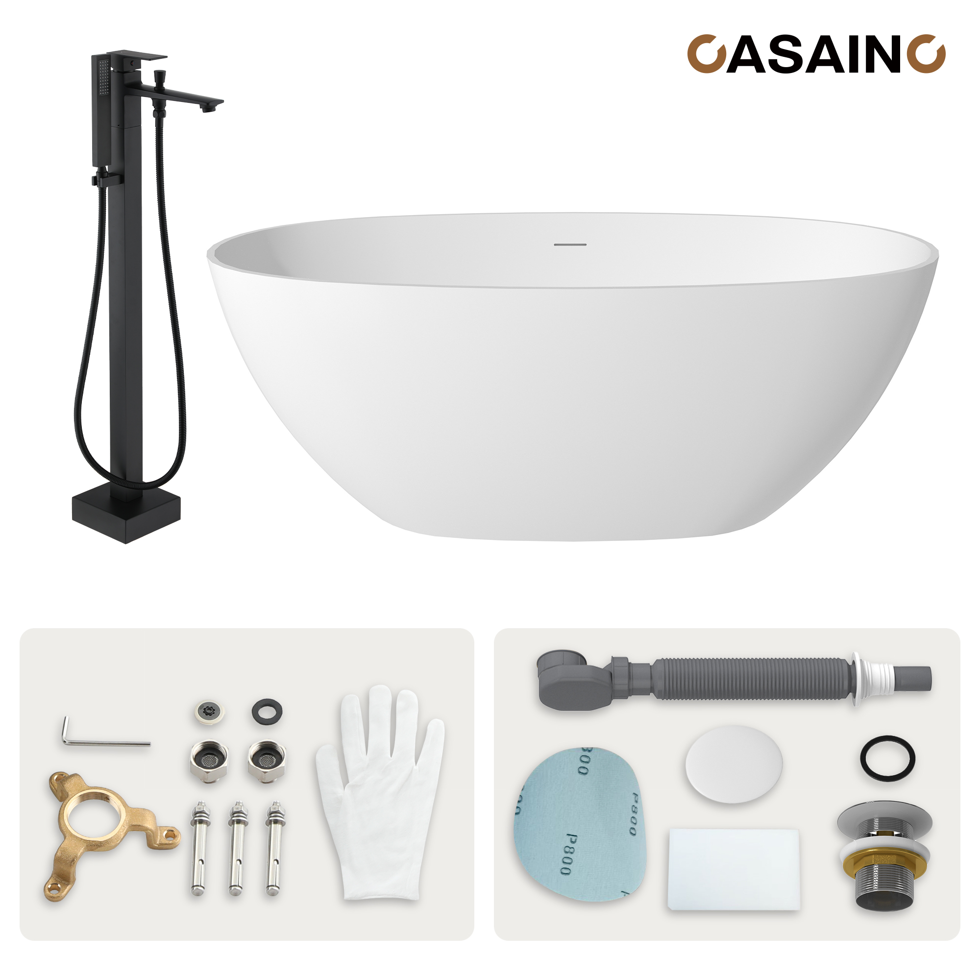 59"/63"/67" Freestanding Oval Solid Surface Stone Bathtub with Center Drain and cUPc Certification, Matte White (With/without Tub Faucet)