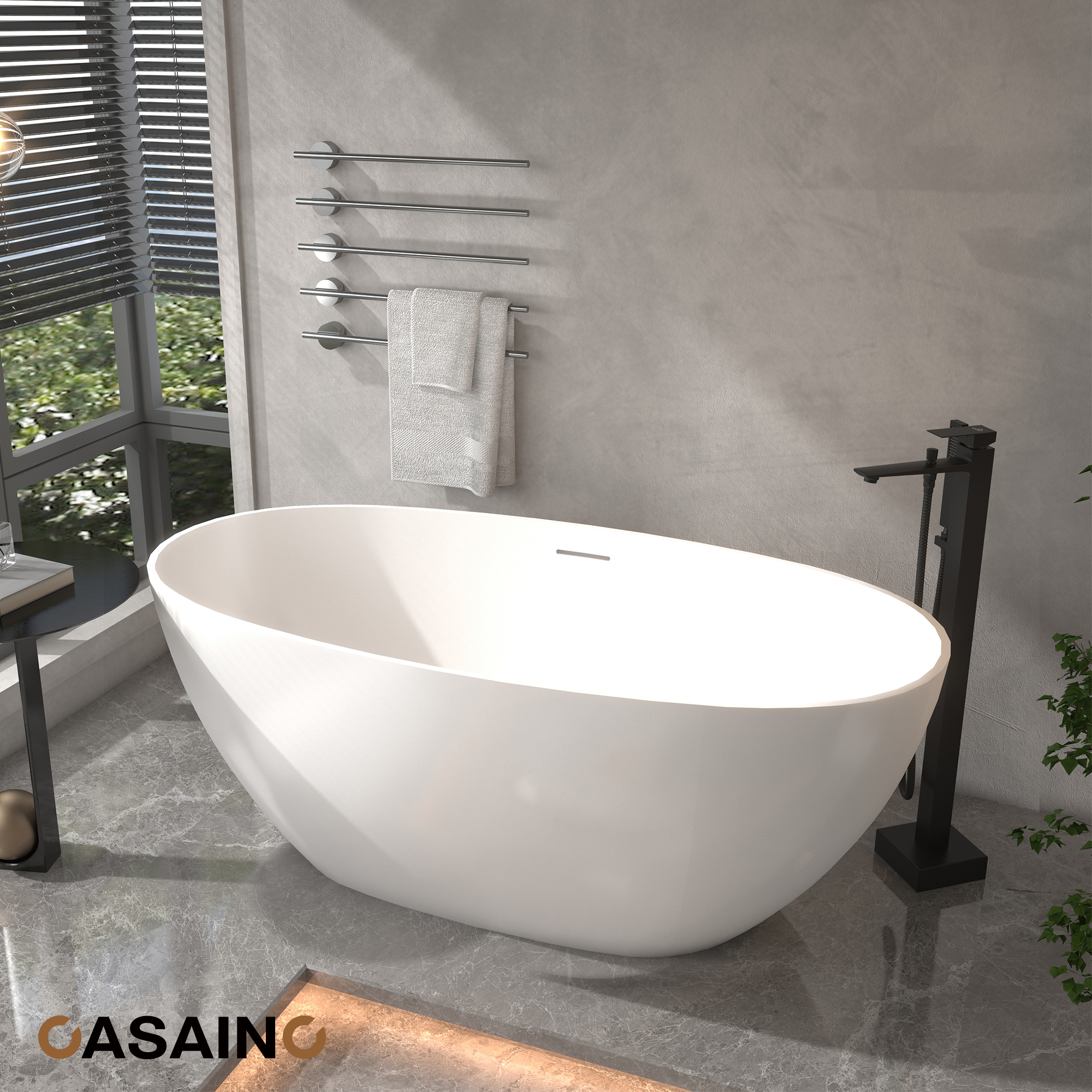 59"/63"/67" Freestanding Oval Solid Surface Stone Bathtub with Center Drain and cUPc Certification, Matte White (With/without Tub Faucet)