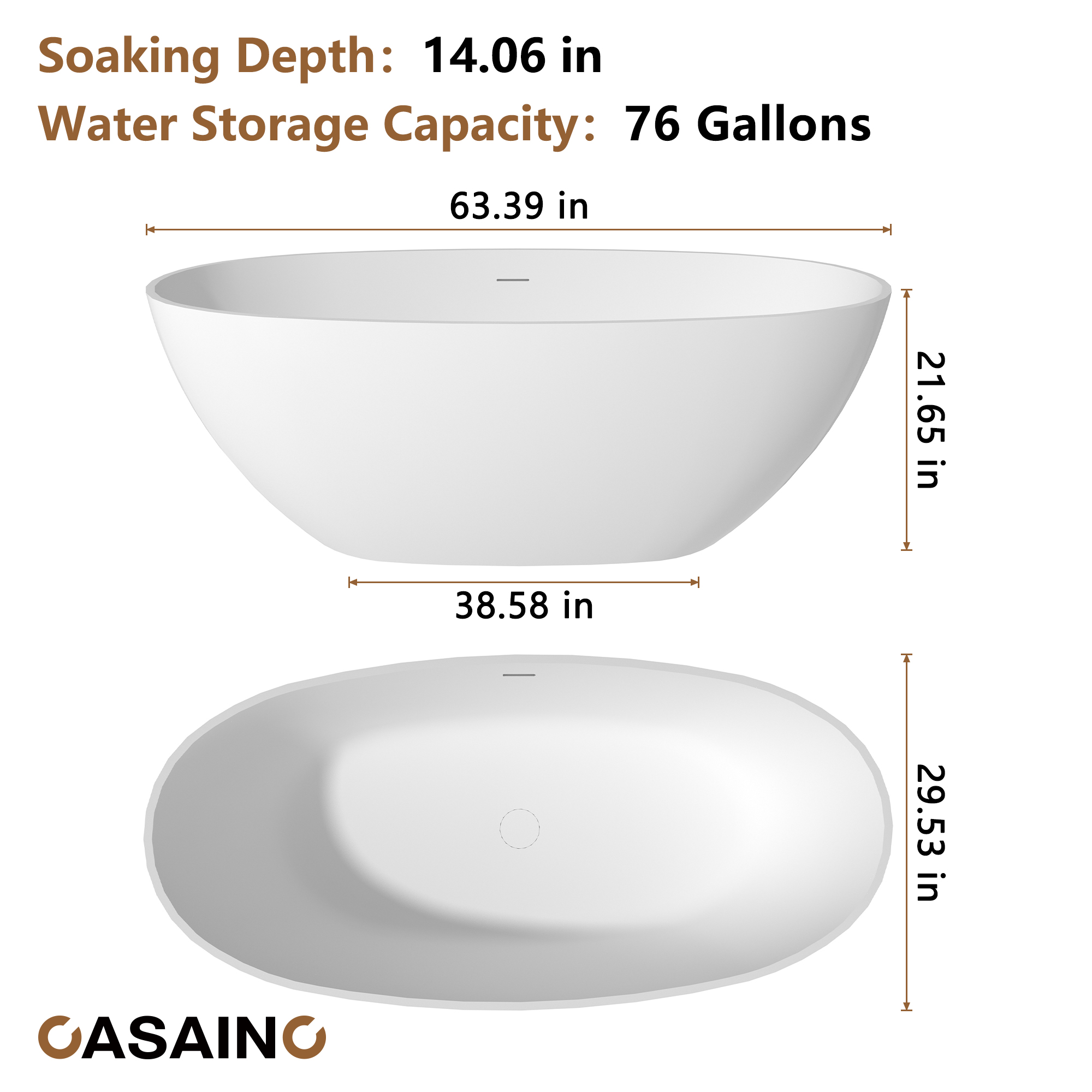 59"/63"/67" Freestanding Oval Solid Surface Stone Bathtub with Center Drain and cUPc Certification, Matte White (With/without Tub Faucet)