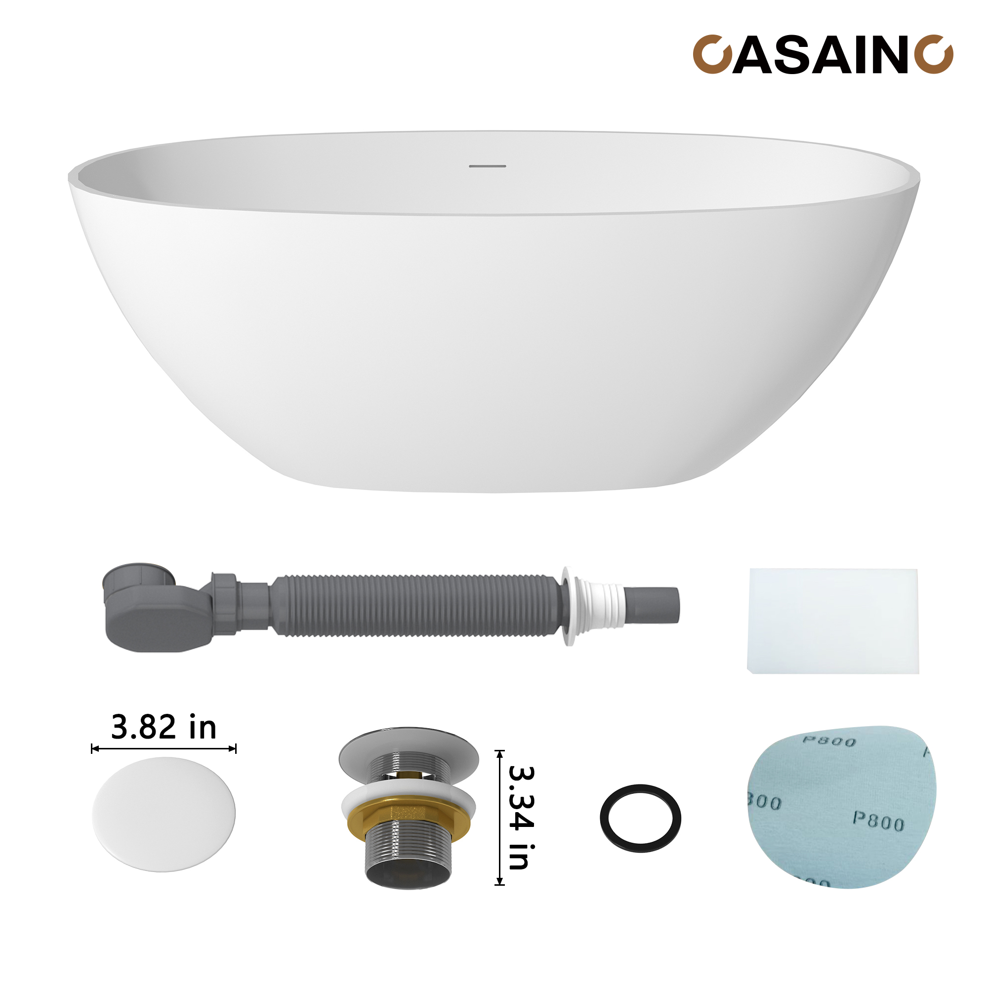 59"/63"/67" Freestanding Oval Solid Surface Stone Bathtub with Center Drain and cUPc Certification, Matte White (With/without Tub Faucet)