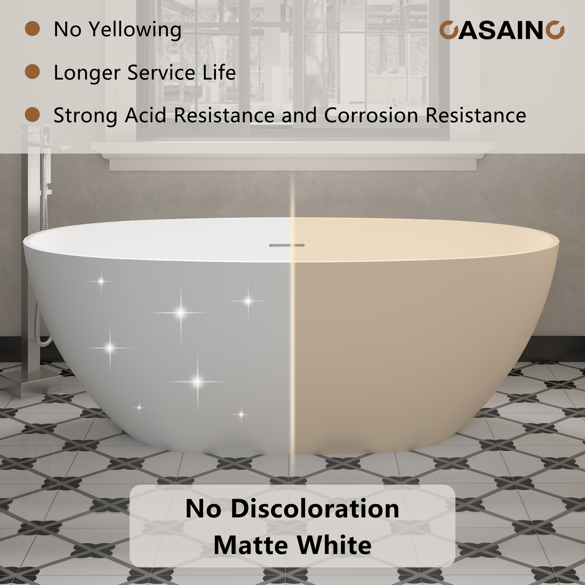 59"/63"/67" Freestanding Oval Solid Surface Stone Bathtub with Center Drain and cUPc Certification, Matte White (With/without Tub Faucet)