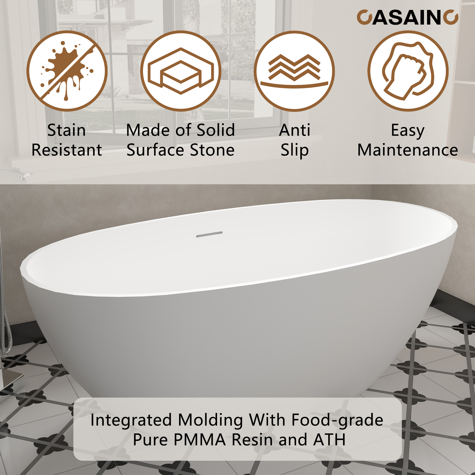 59"/63"/67" Freestanding Oval Solid Surface Stone Bathtub with Center Drain and cUPc Certification, Matte White (With/without Tub Faucet)