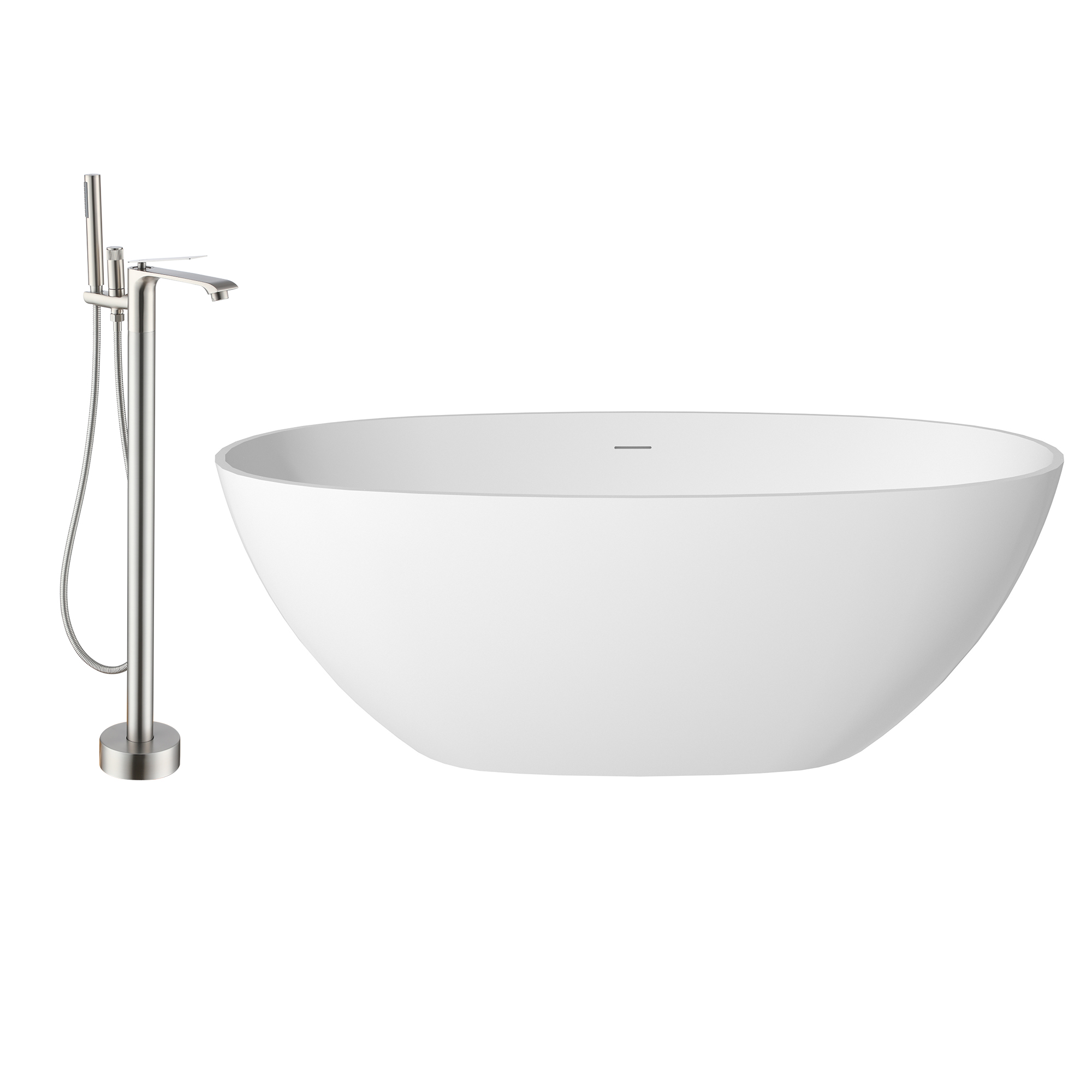 59"/63"/67" Freestanding Oval Solid Surface Stone Bathtub with Center Drain and cUPc Certification, Matte White (With/without Tub Faucet)