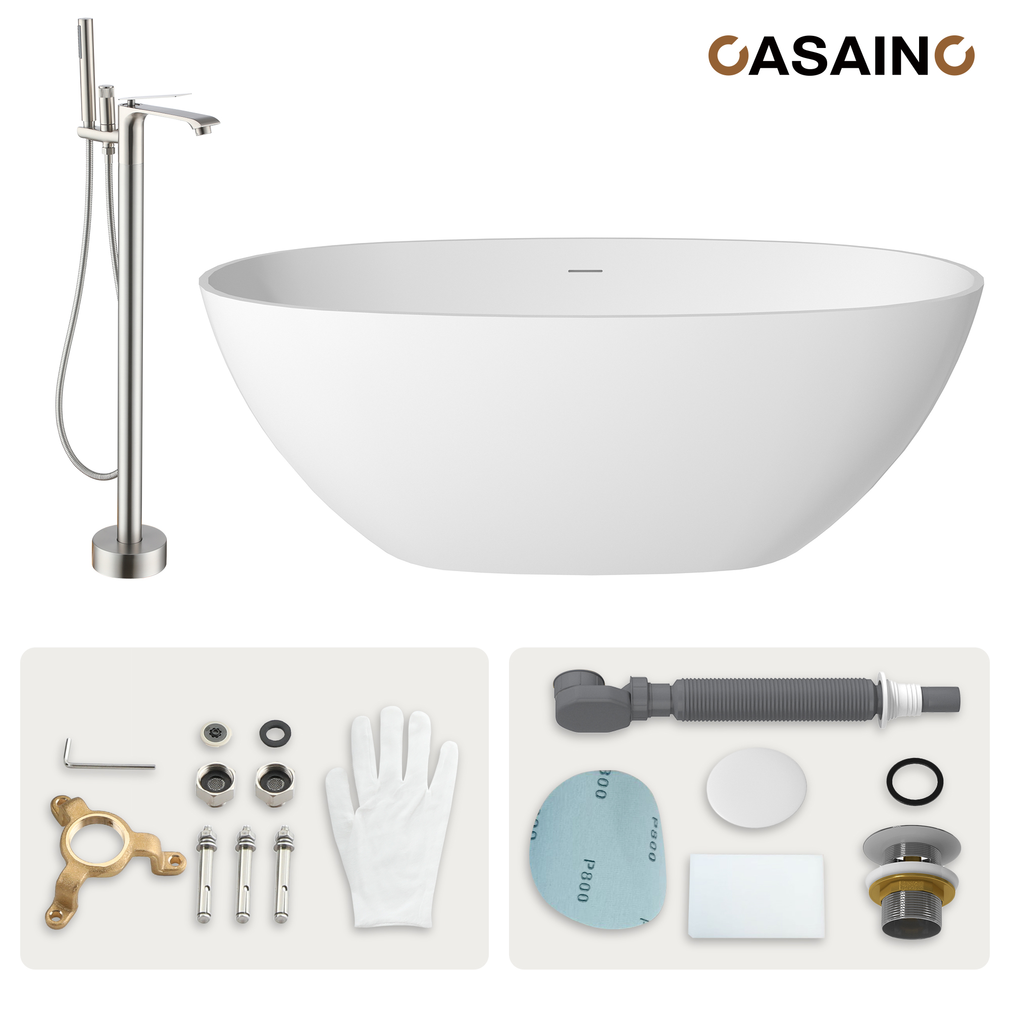 59"/63"/67" Freestanding Oval Solid Surface Stone Bathtub with Center Drain and cUPc Certification, Matte White (With/without Tub Faucet)