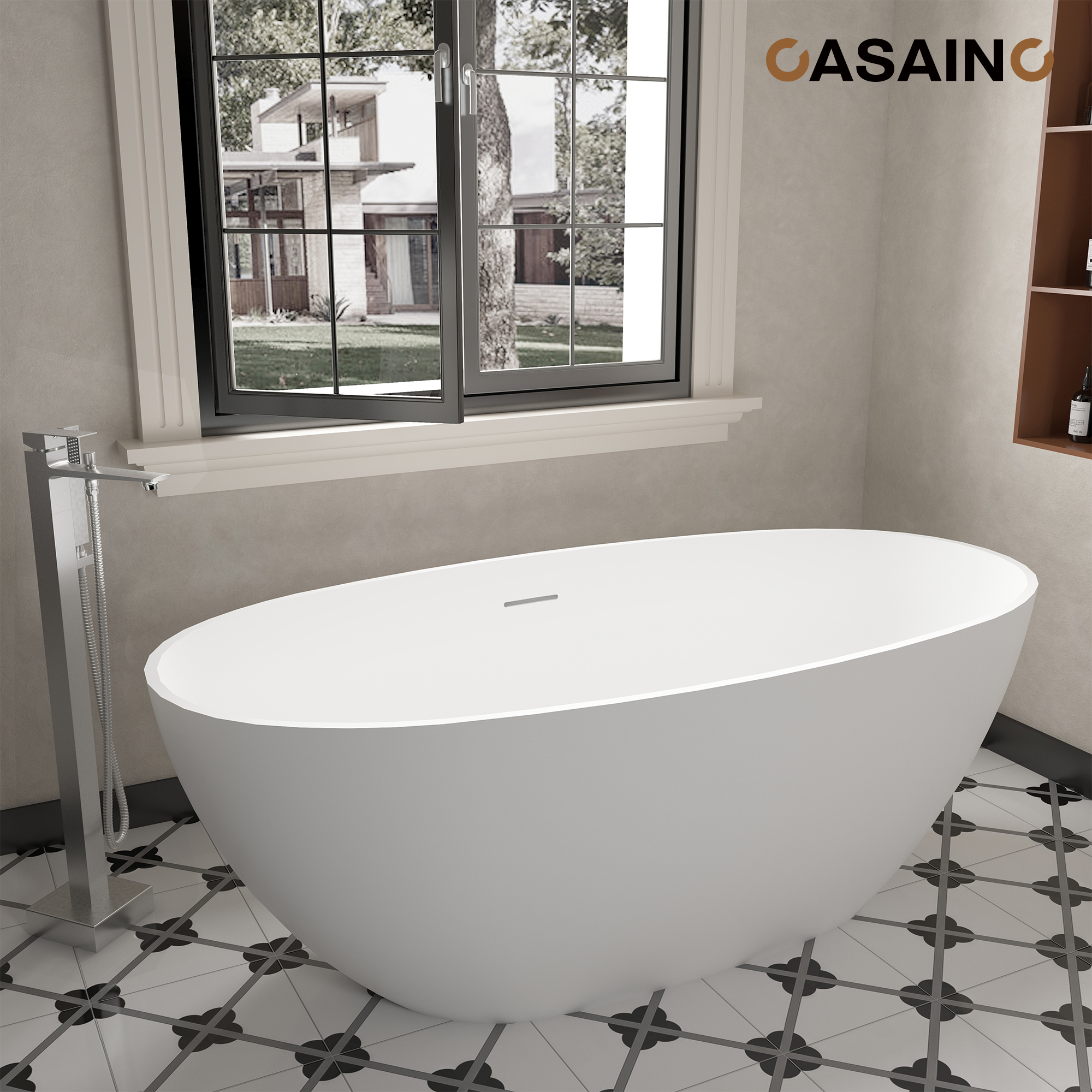 59"/63"/67" Freestanding Oval Solid Surface Stone Bathtub with Center Drain and cUPc Certification, Matte White (With/without Tub Faucet)
