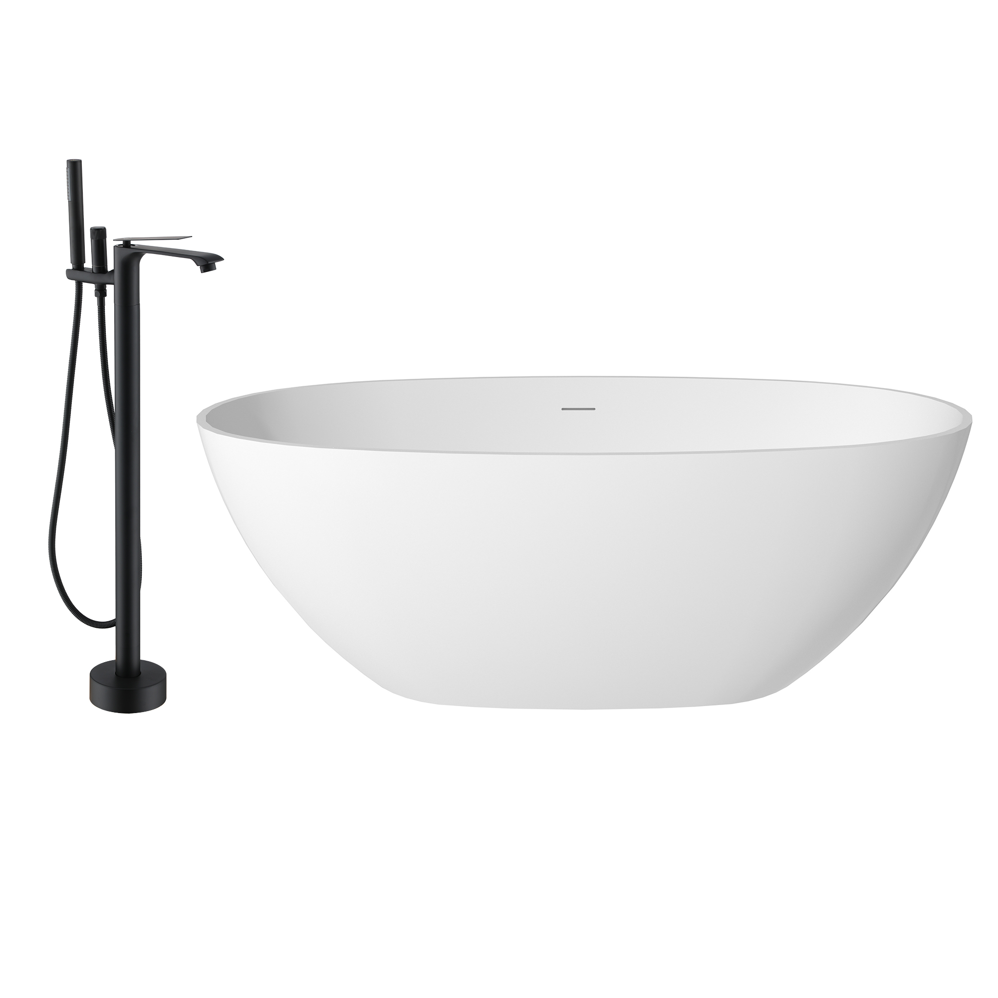 59"/63"/67" Freestanding Oval Solid Surface Stone Bathtub with Center Drain and cUPc Certification, Matte White (With/without Tub Faucet)