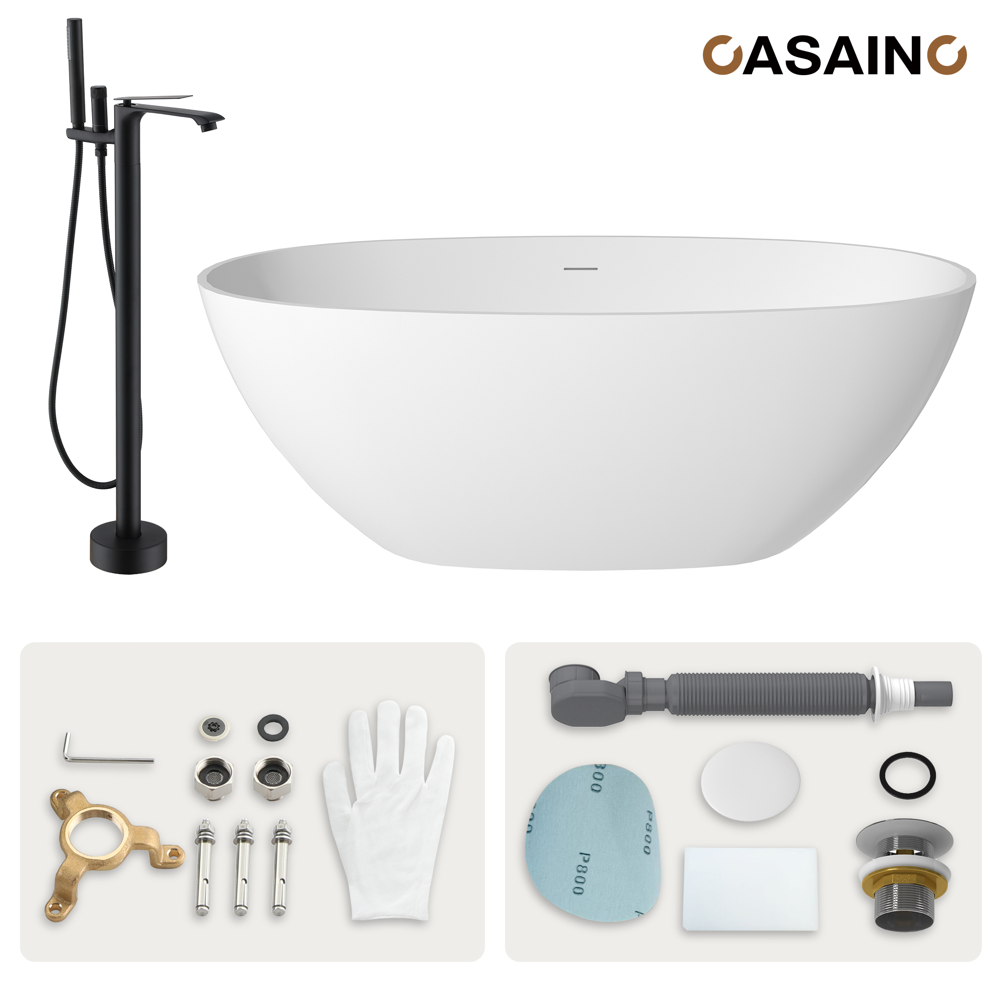 59"/63"/67" Freestanding Oval Solid Surface Stone Bathtub with Center Drain and cUPc Certification, Matte White (With/without Tub Faucet)