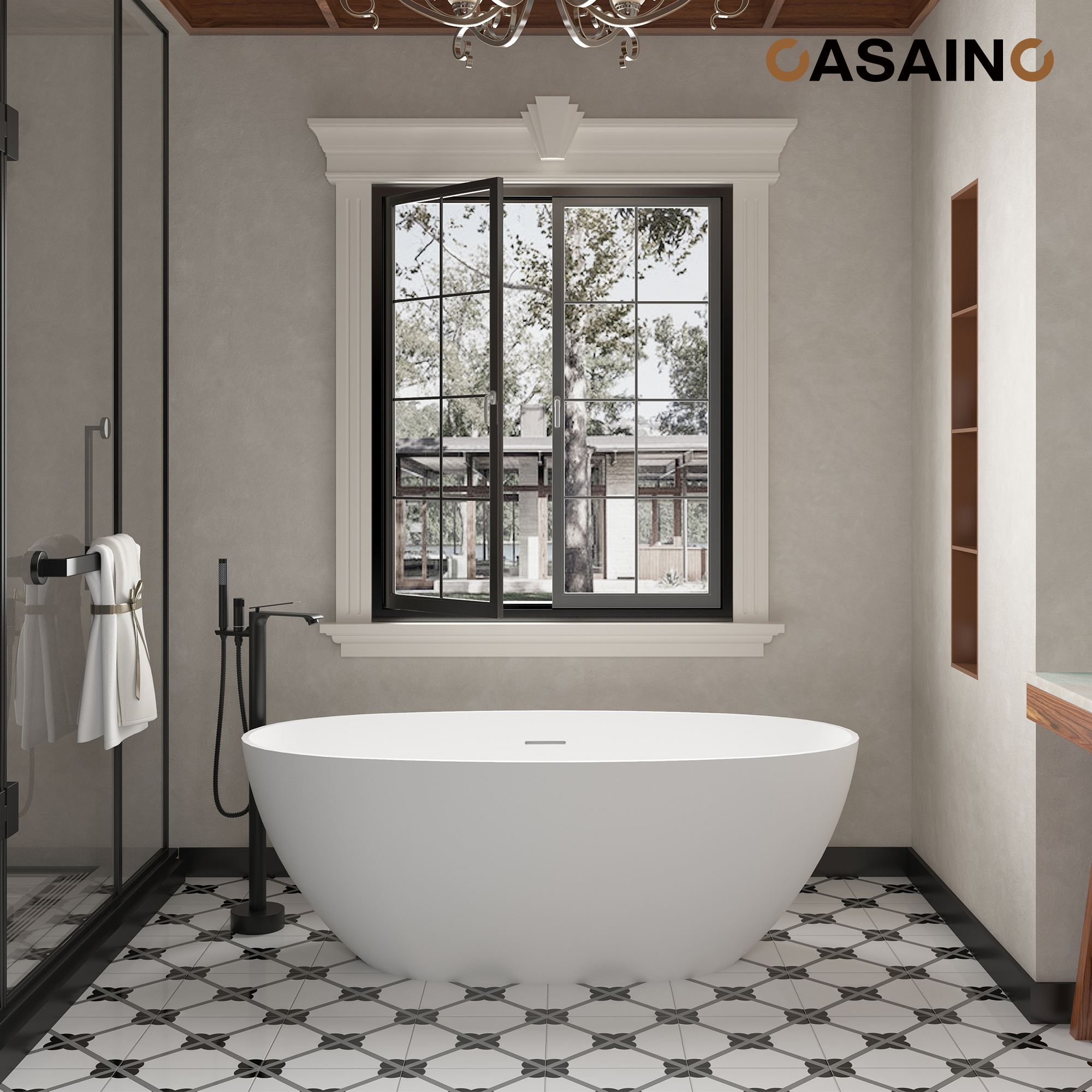 59"/63"/67" Freestanding Oval Solid Surface Stone Bathtub with Center Drain and cUPc Certification, Matte White (With/without Tub Faucet)