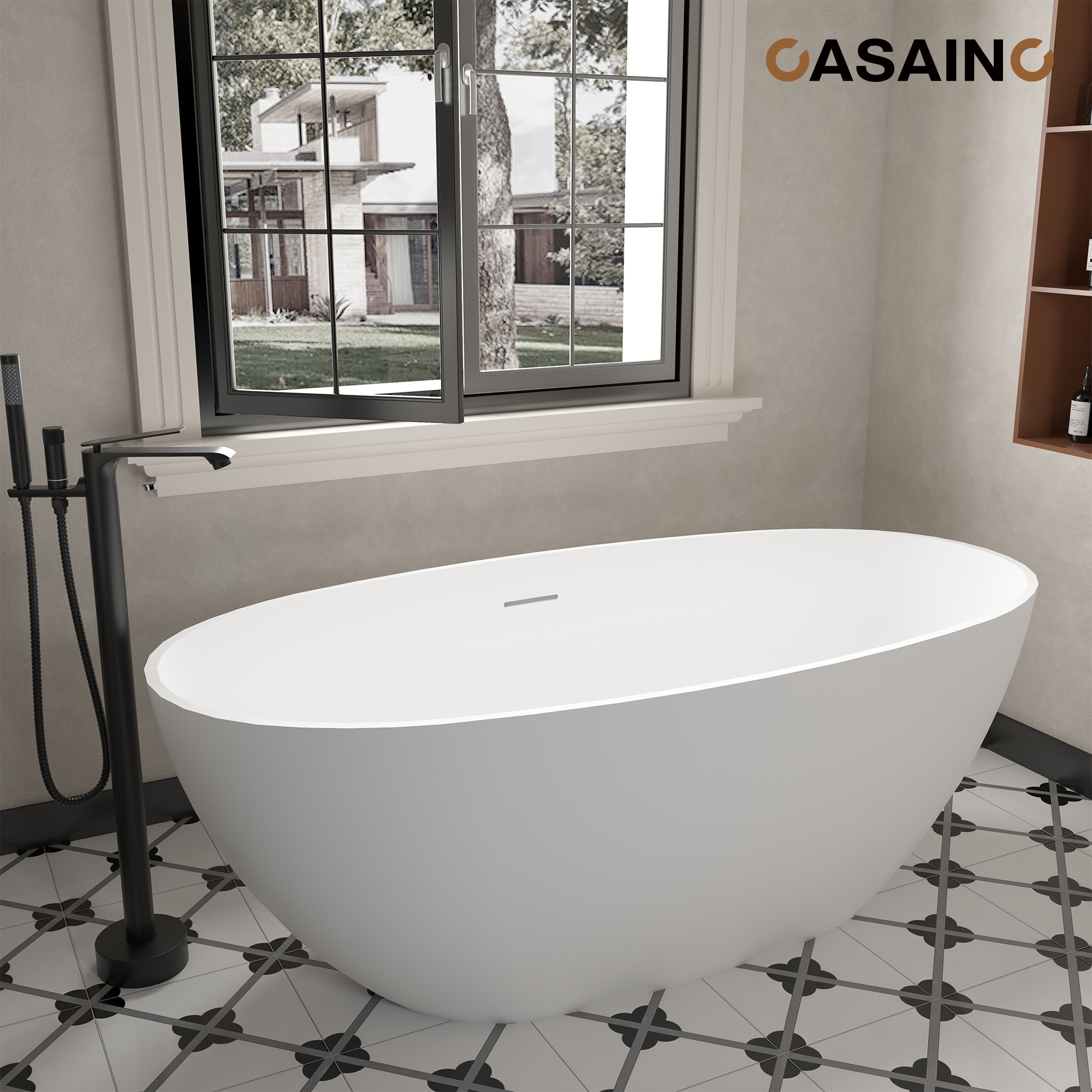 59"/63"/67" Freestanding Oval Solid Surface Stone Bathtub with Center Drain and cUPc Certification, Matte White (With/without Tub Faucet)