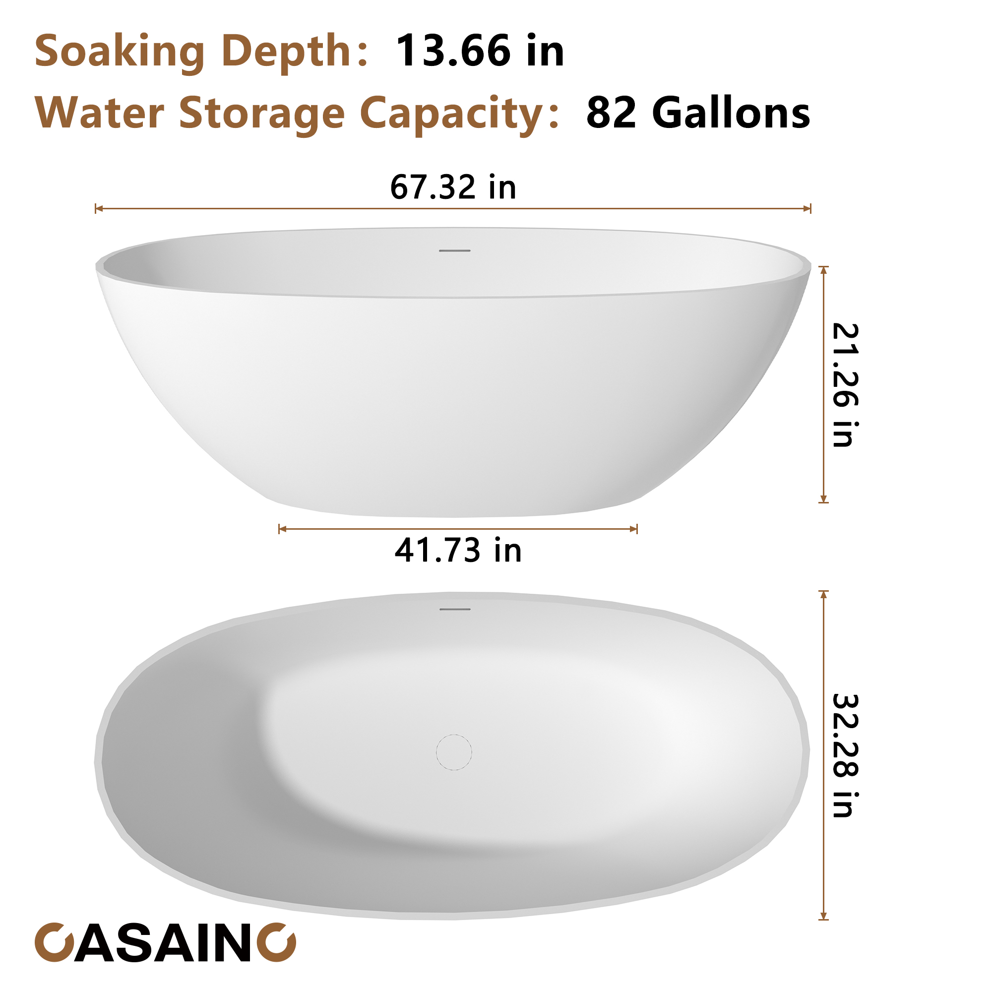 59"/63"/67" Freestanding Oval Solid Surface Stone Bathtub with Center Drain and cUPc Certification, Matte White (With/without Tub Faucet)