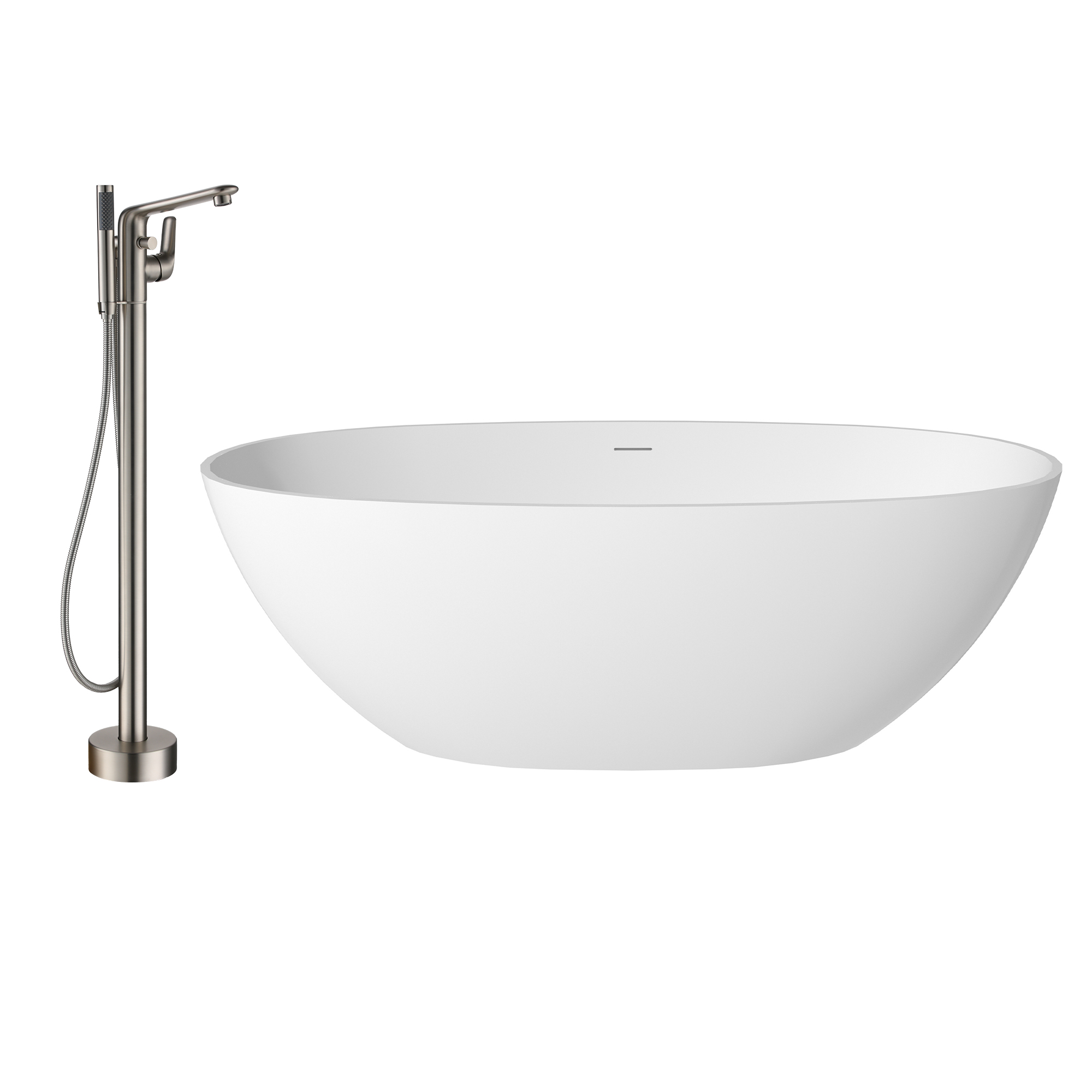 59"/63"/67" Freestanding Oval Solid Surface Stone Bathtub with Center Drain and cUPc Certification, Matte White (With/without Tub Faucet)