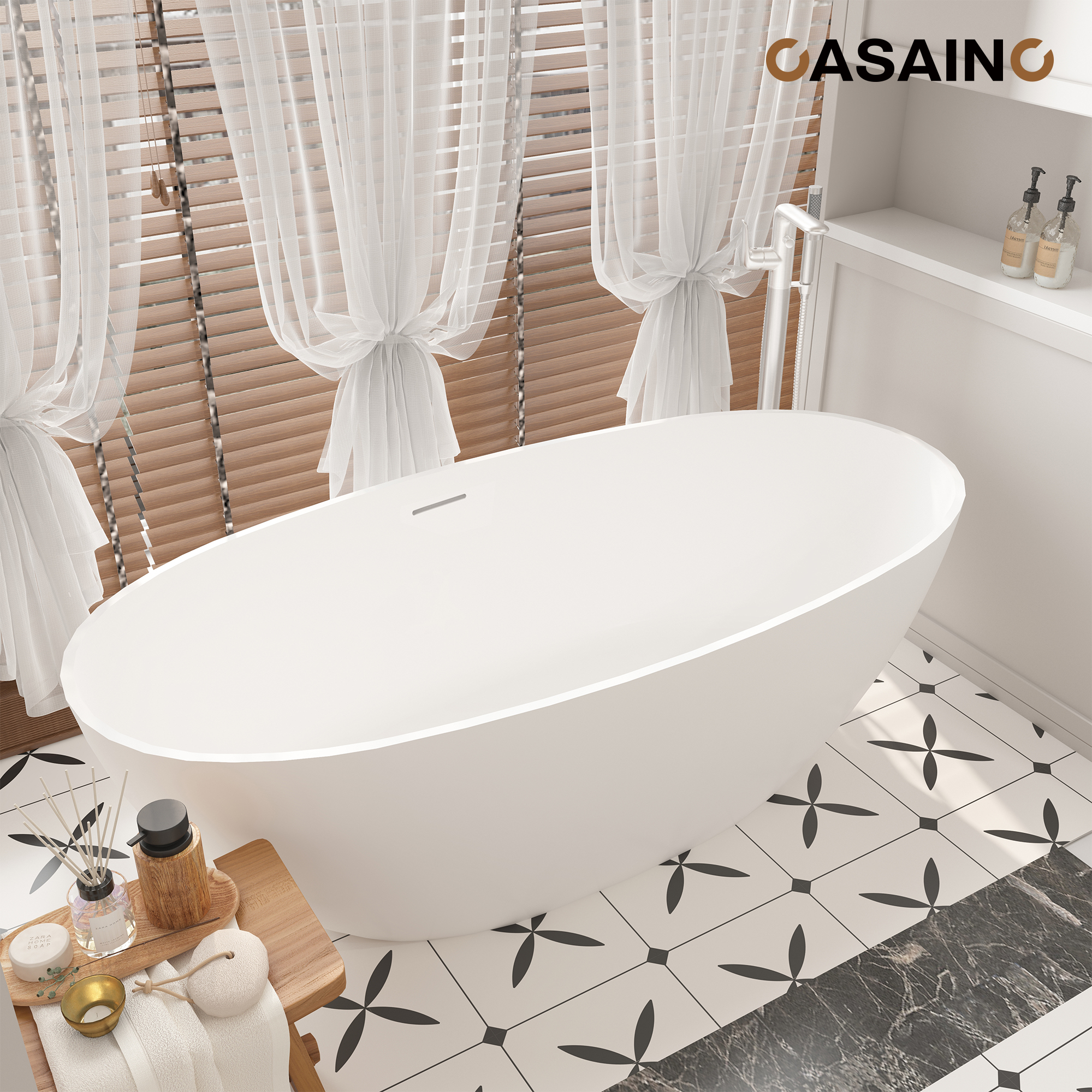 59"/63"/67" Freestanding Oval Solid Surface Stone Bathtub with Center Drain and cUPc Certification, Matte White (With/without Tub Faucet)