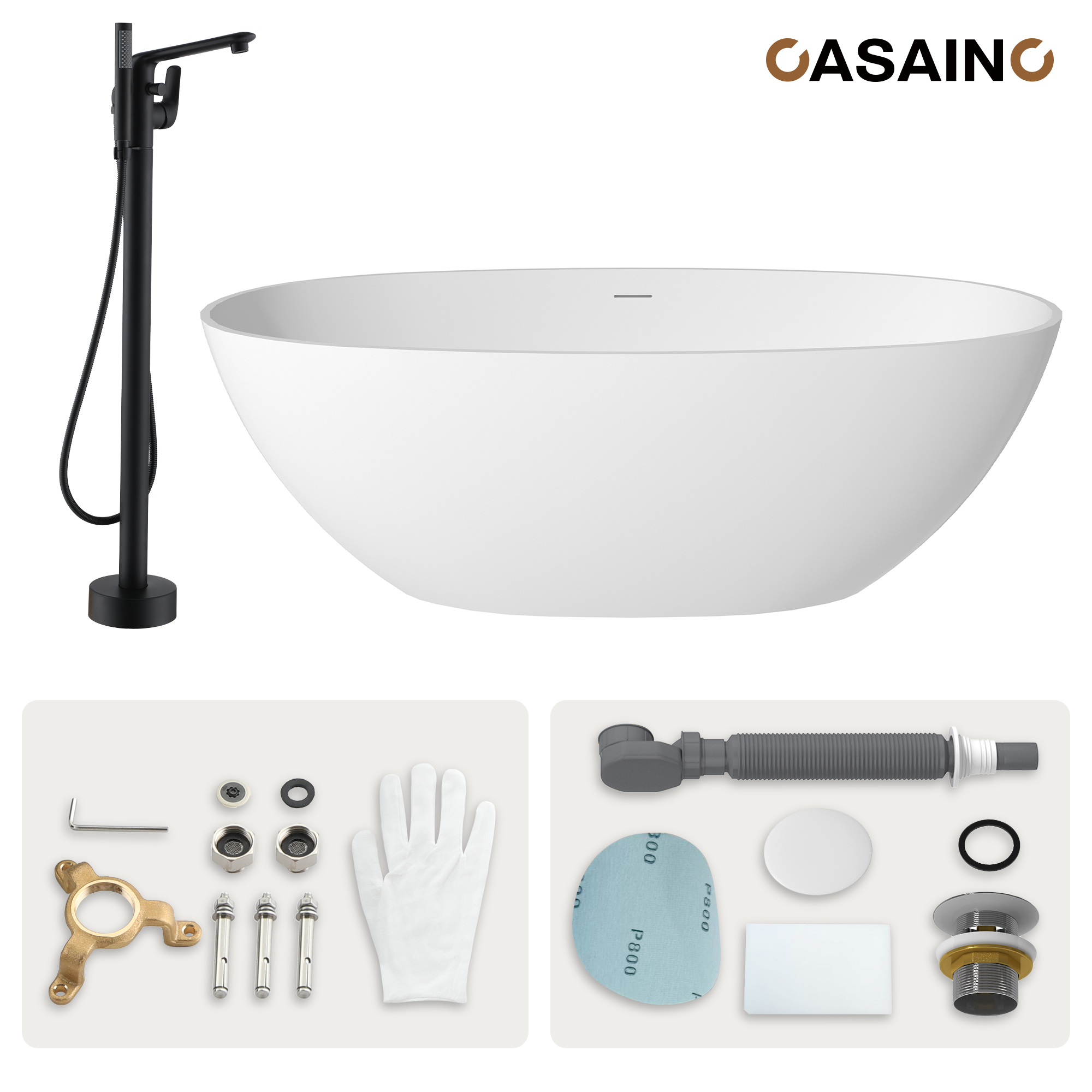 59"/63"/67" Freestanding Oval Solid Surface Stone Bathtub with Center Drain and cUPc Certification, Matte White (With/without Tub Faucet)