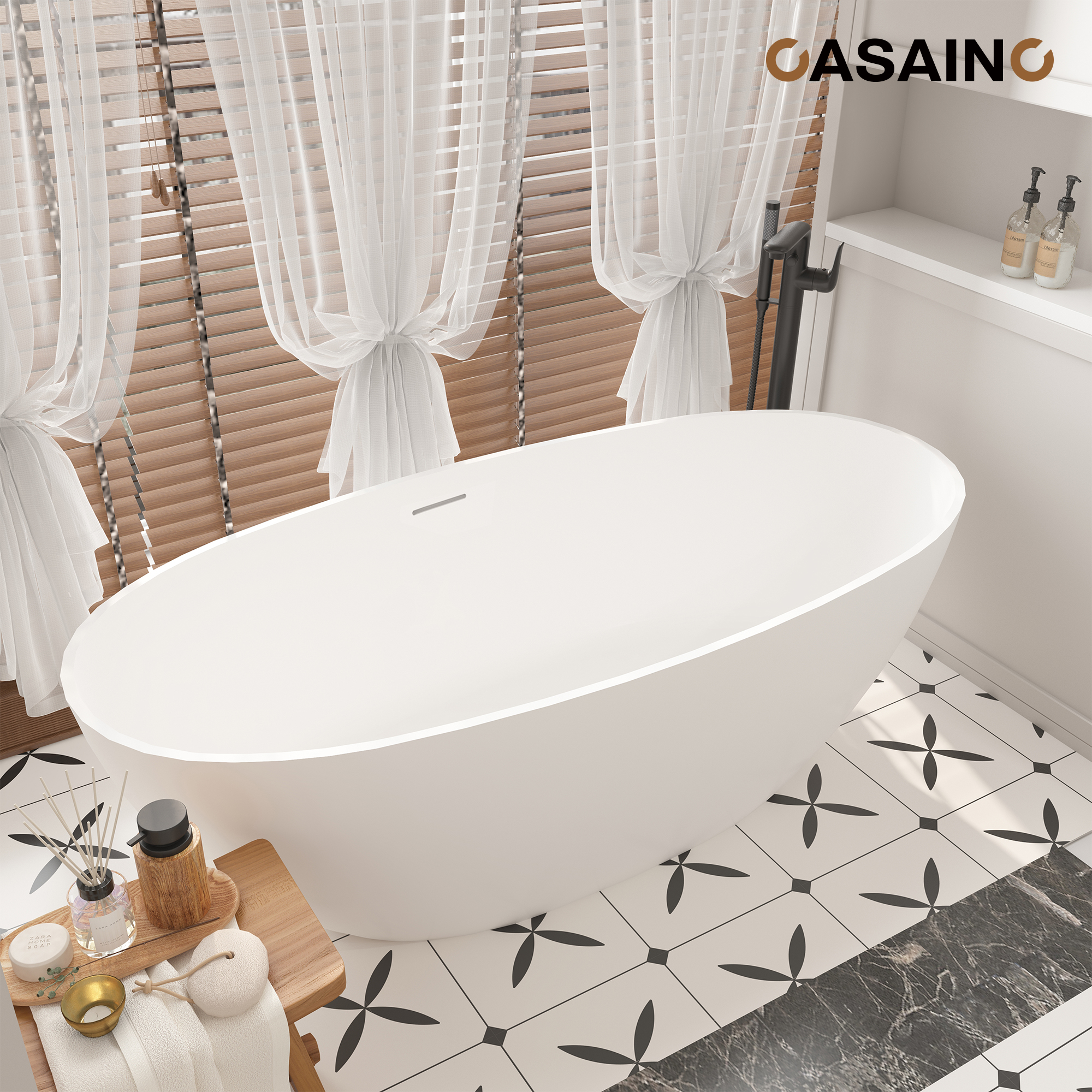 59"/63"/67" Freestanding Oval Solid Surface Stone Bathtub with Center Drain and cUPc Certification, Matte White (With/without Tub Faucet)