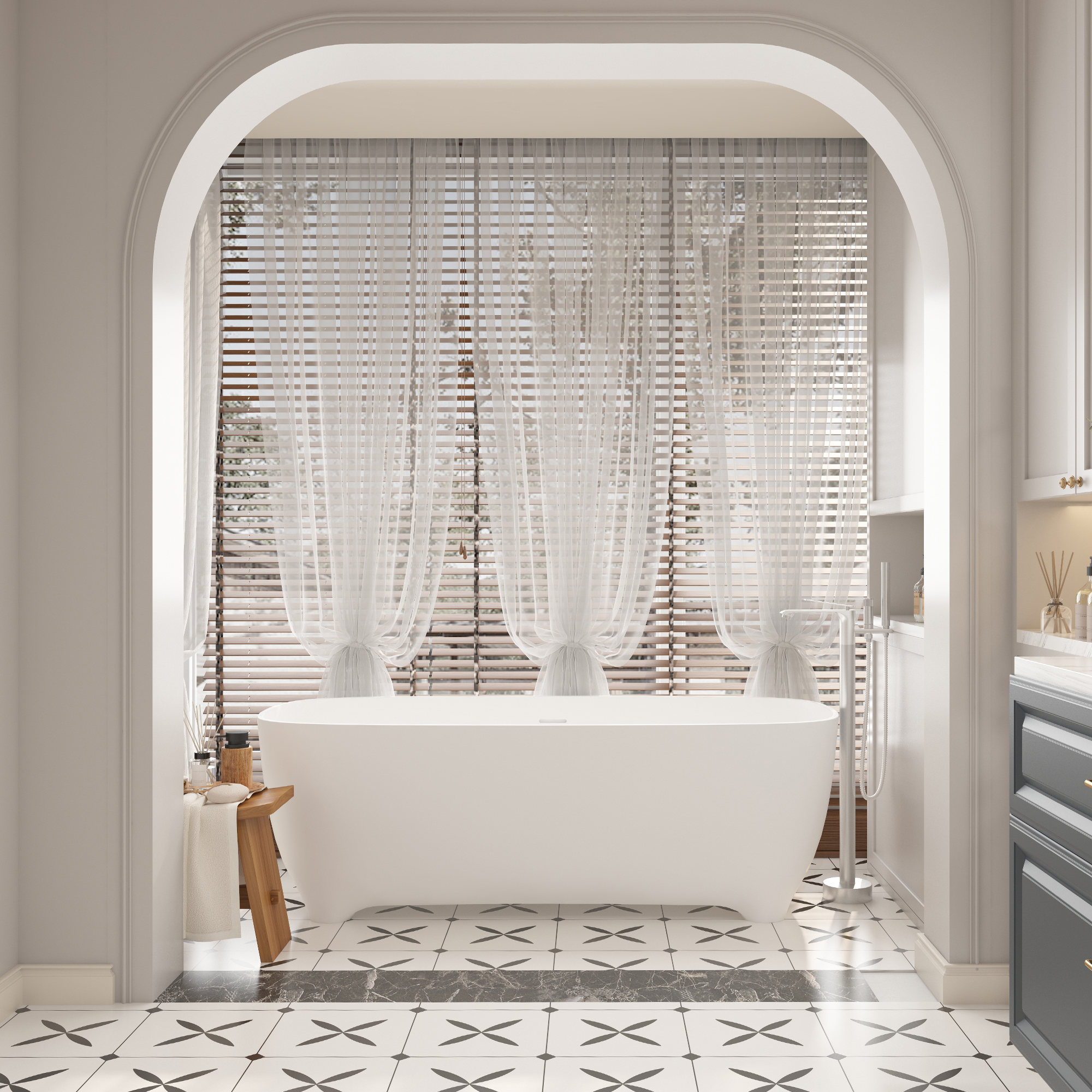 Freestanding Tub Bliss with Bubble Baths and Hot Water under the Shower Curtain