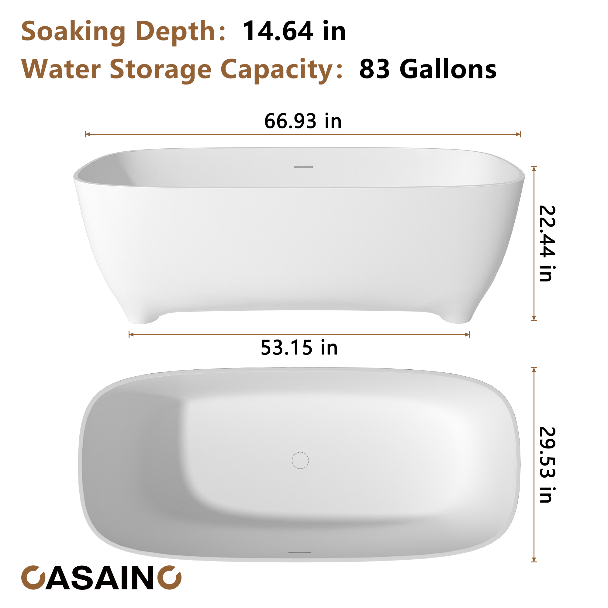67" Adult-Sized Freestanding Soaking Tub with Raised Pedestal in Matte White, Crafted in Solid Surface Stone(With/without Bathtub Faucet)