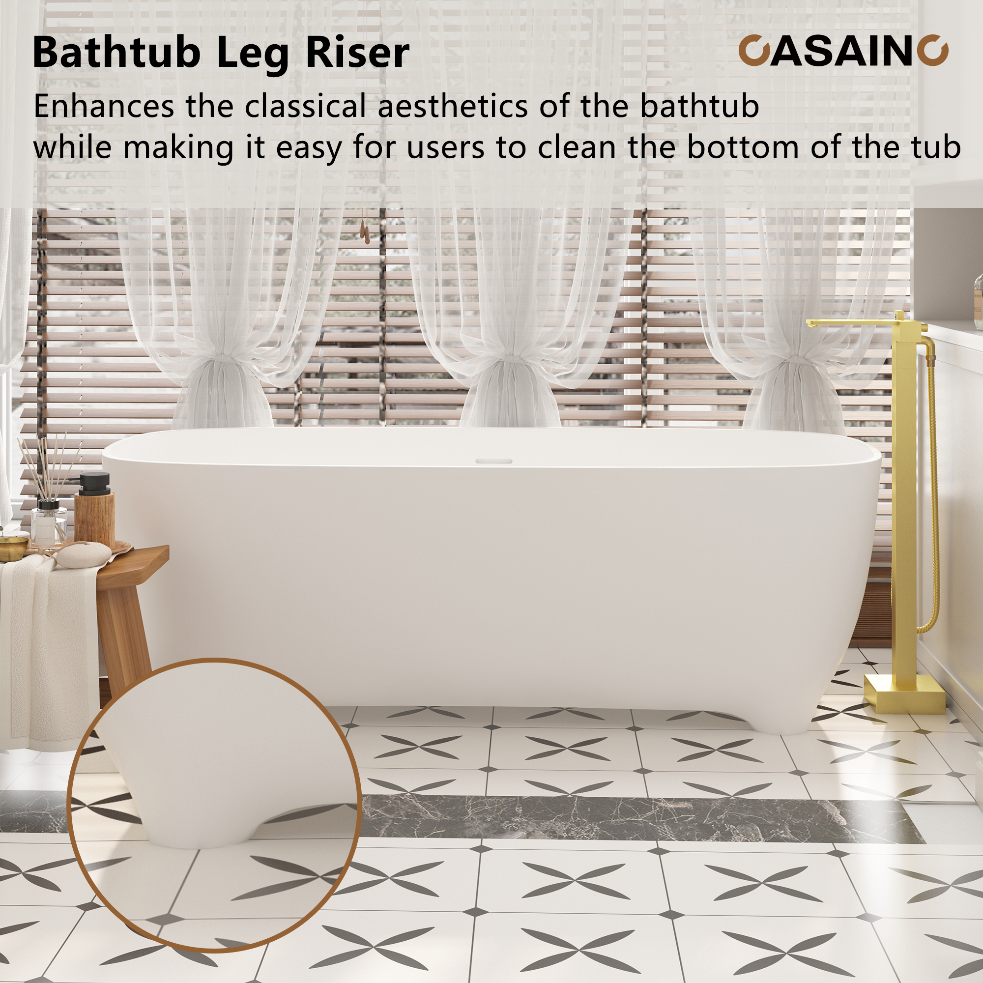 67" Adult-Sized Freestanding Soaking Tub with Raised Pedestal in Matte White, Crafted in Solid Surface Stone(With/without Bathtub Faucet)