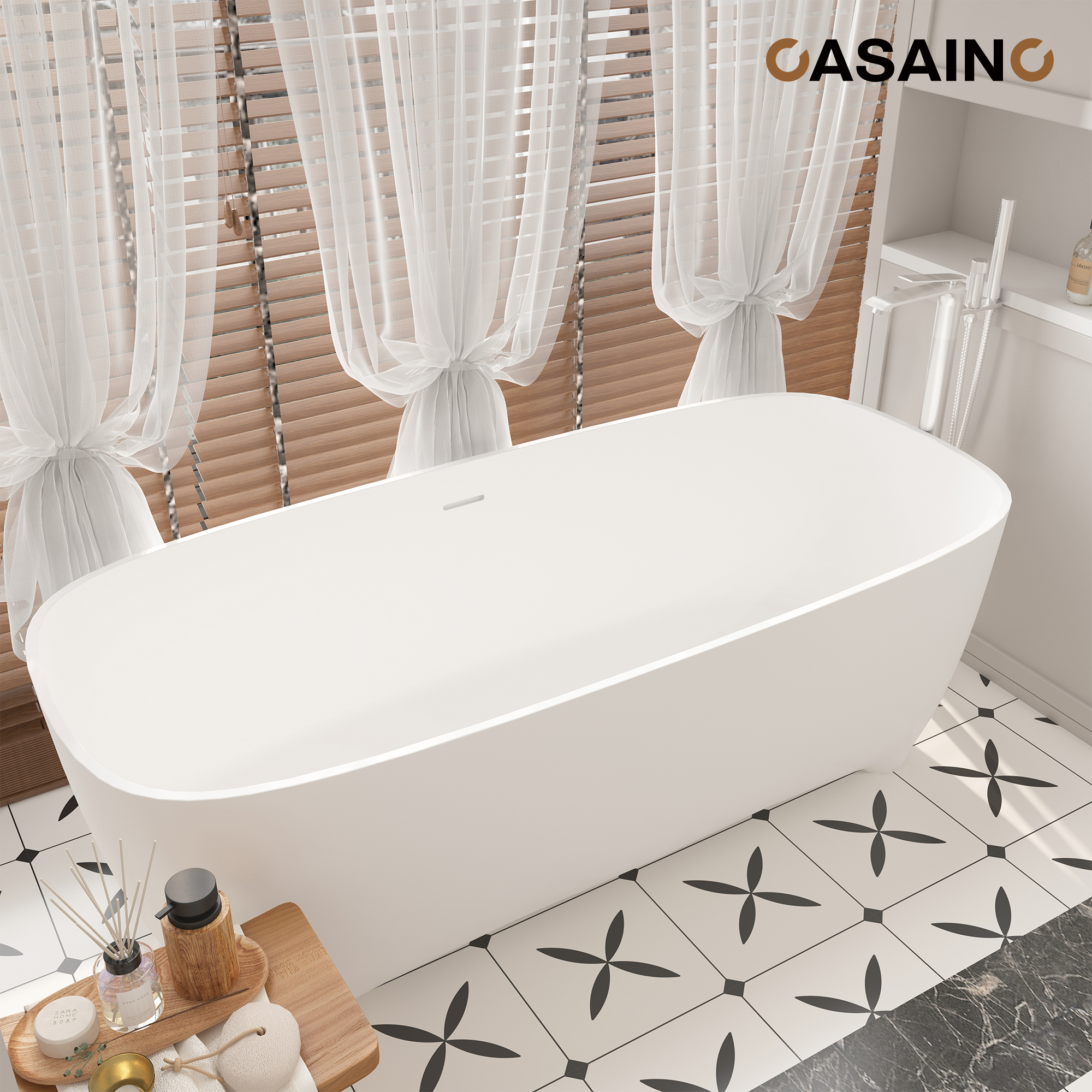 67" Adult-Sized Freestanding Soaking Tub with Raised Pedestal in Matte White, Crafted in Solid Surface Stone(With/without Bathtub Faucet)