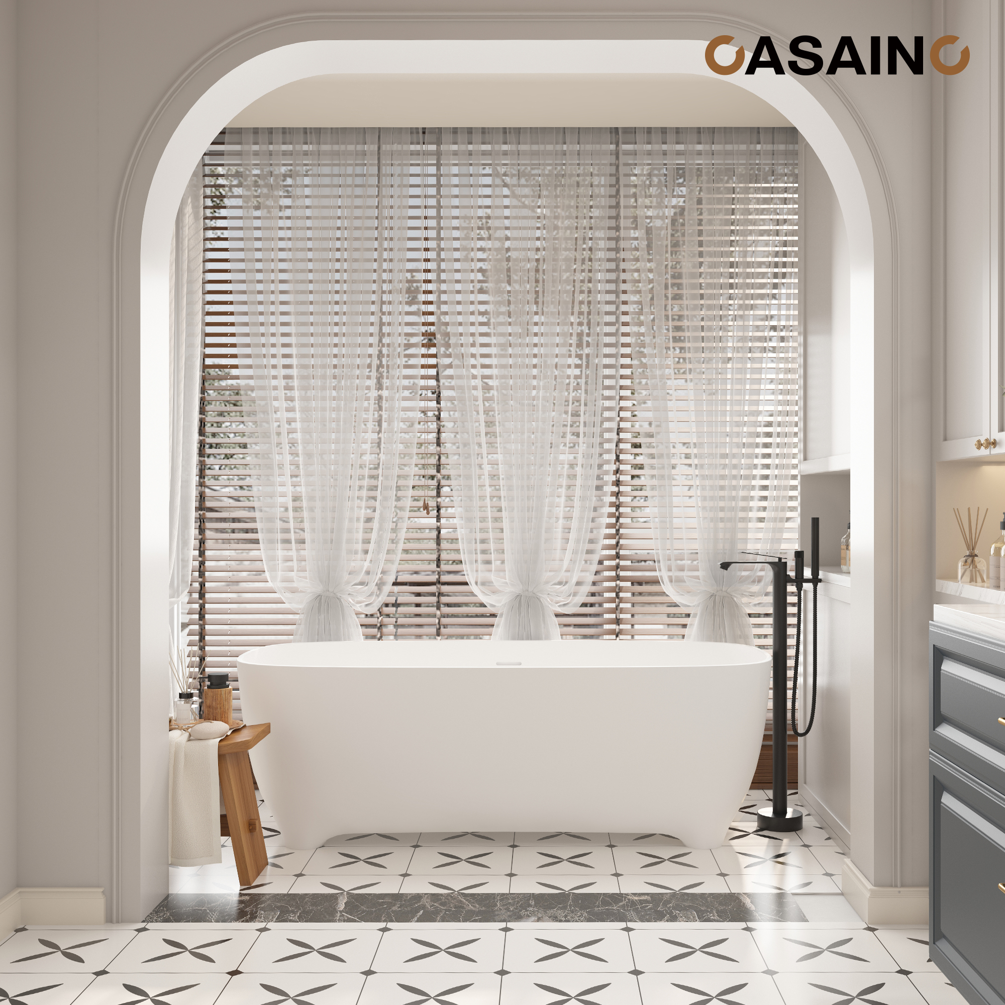 67" Adult-Sized Freestanding Soaking Tub with Raised Pedestal in Matte White, Crafted in Solid Surface Stone(With/without Bathtub Faucet)