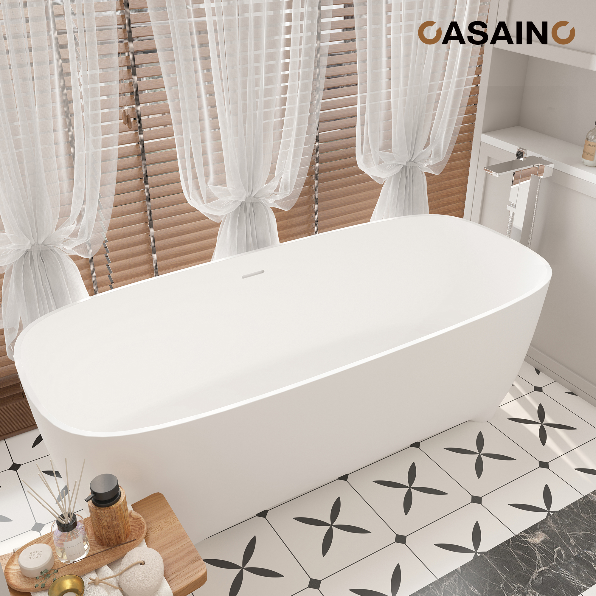 67" Adult-Sized Freestanding Soaking Tub with Raised Pedestal in Matte White, Crafted in Solid Surface Stone(With/without Bathtub Faucet)